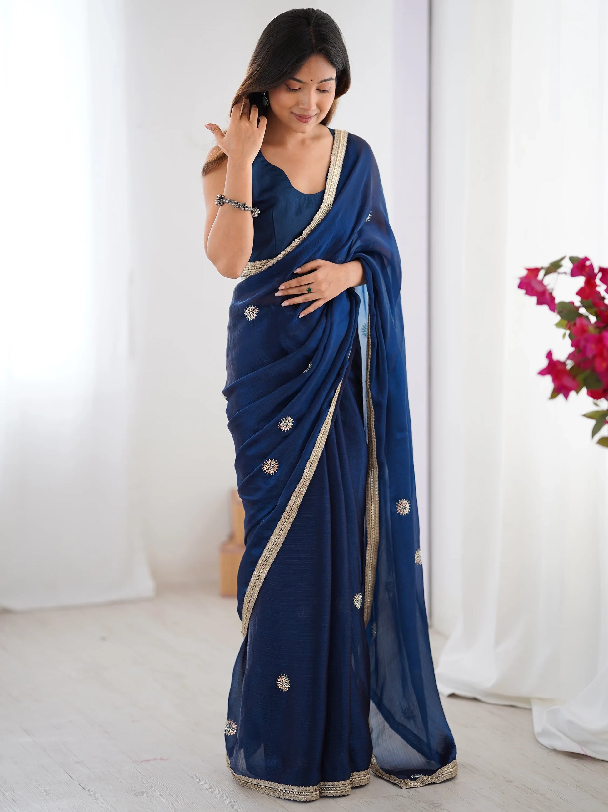 Marvelous Blue Beads Work Silk Party Wear Saree With Blouse - Zeel Clothing
