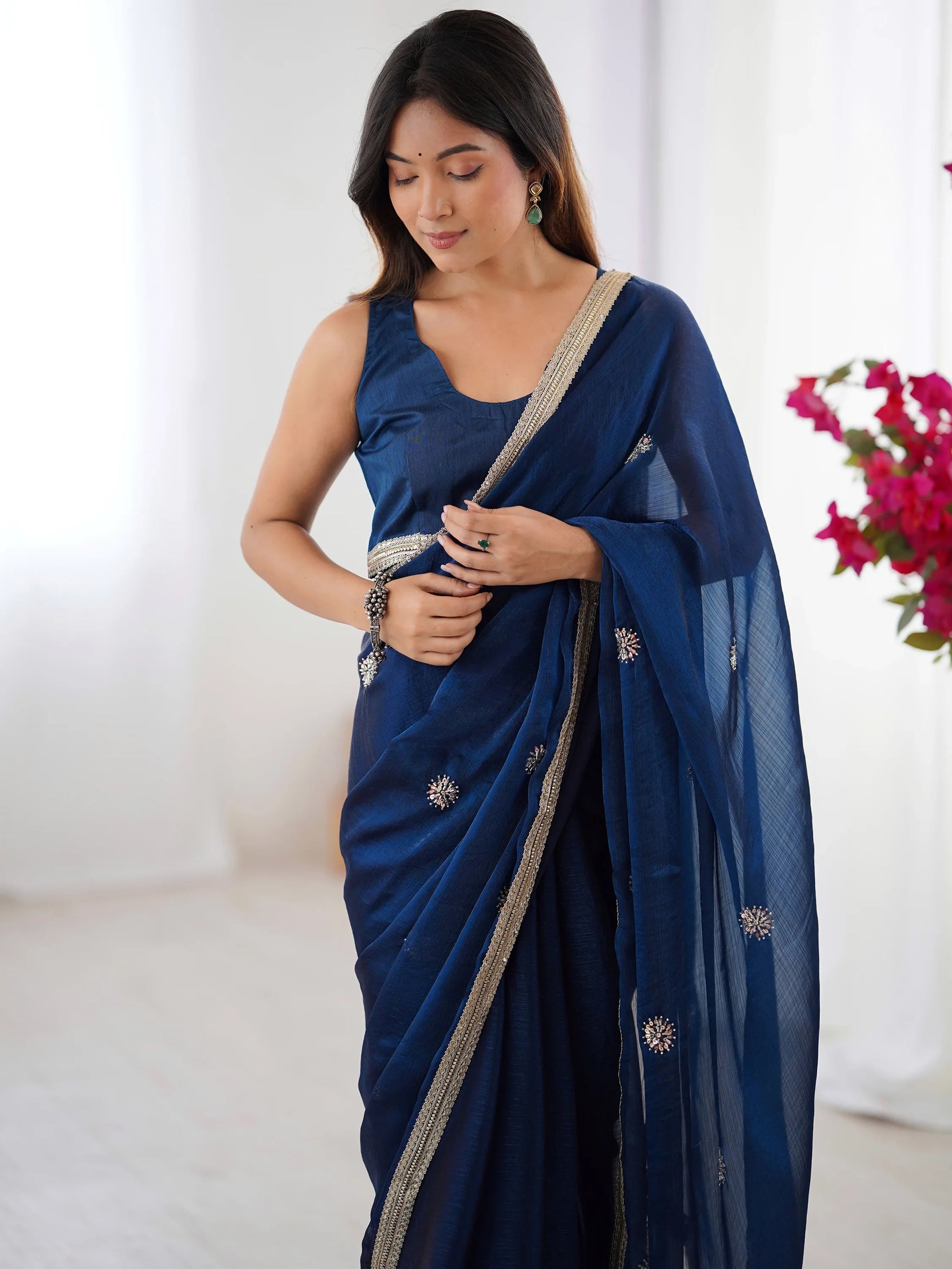 Marvelous Blue Beads Work Silk Party Wear Saree With Blouse - Zeel Clothing