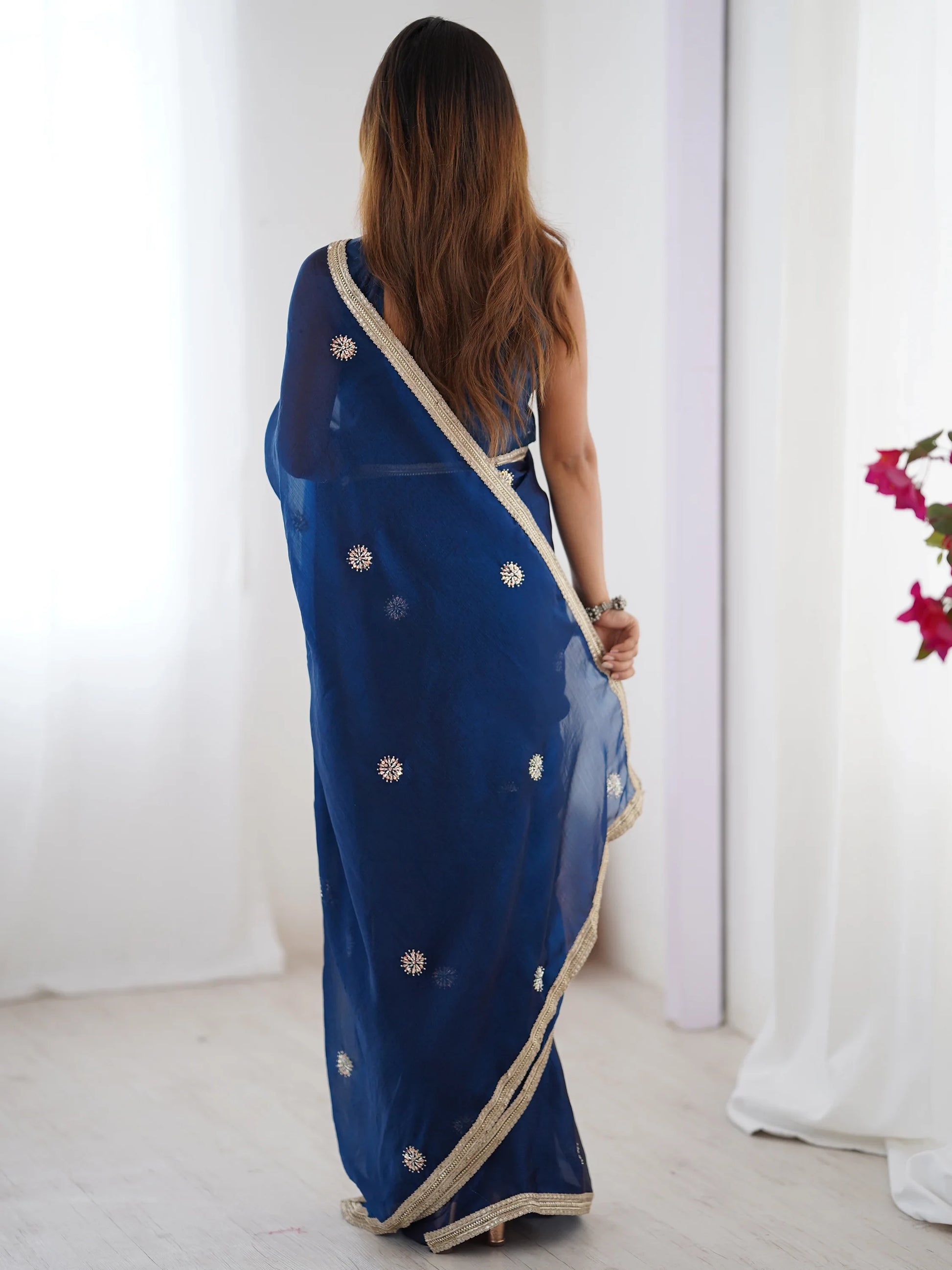 Marvelous Blue Beads Work Silk Party Wear Saree With Blouse - Zeel Clothing