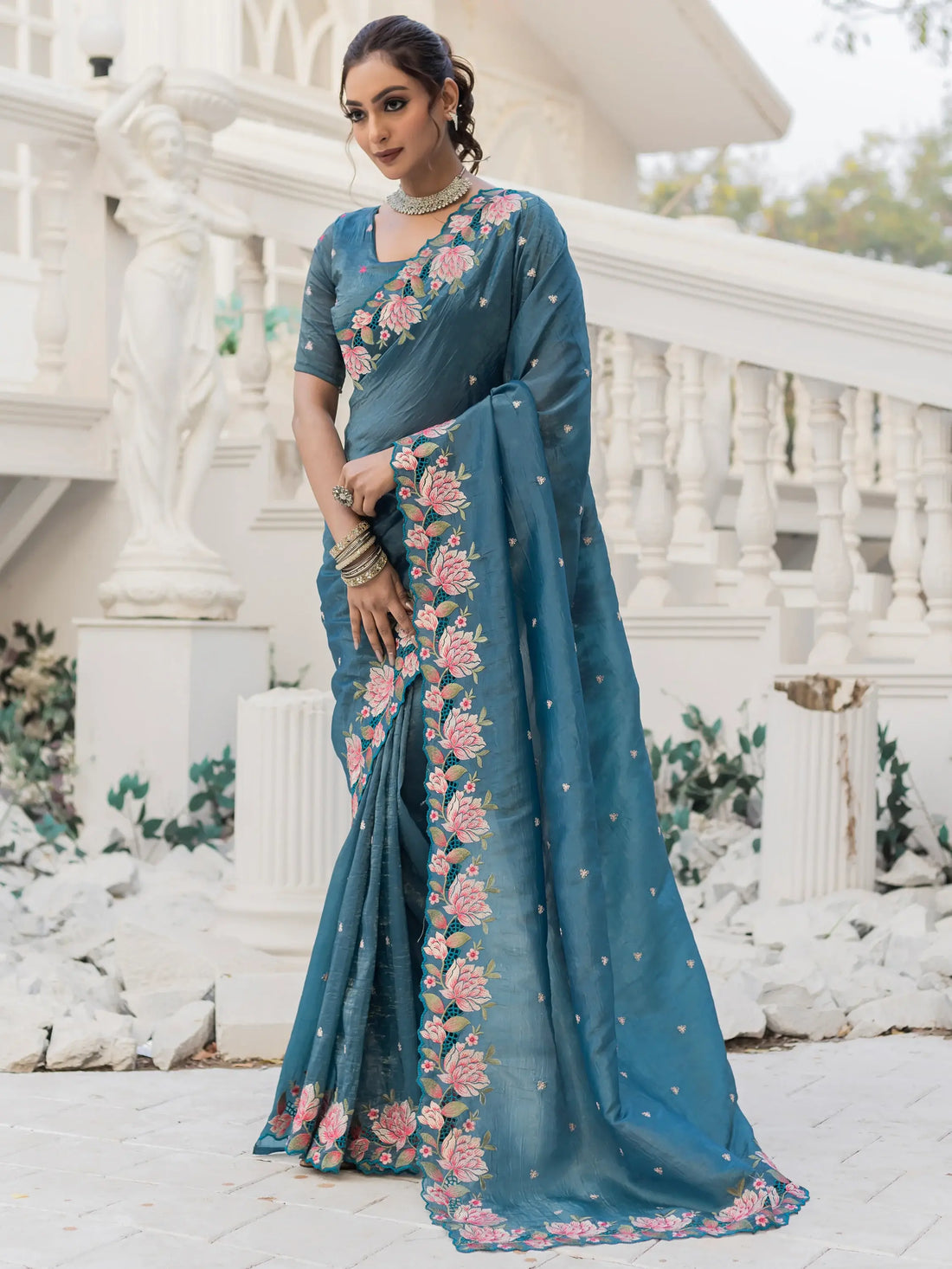 Marvelous Blue Embroidered Silk Party Wear Saree - Zeel Clothing