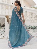 Marvelous Blue Embroidered Silk Party Wear Saree - Zeel Clothing