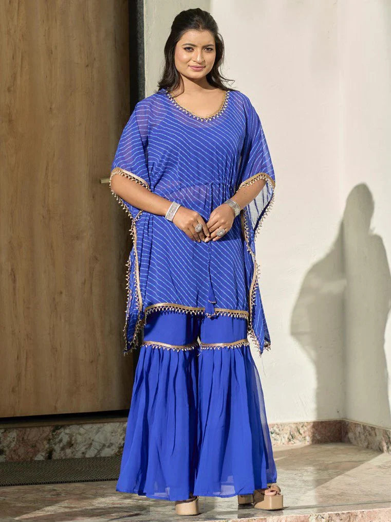 Marvelous Blue Leheriya Printed Georgette Festive Wear Kaftan Sharara Suit - Zeel Clothing