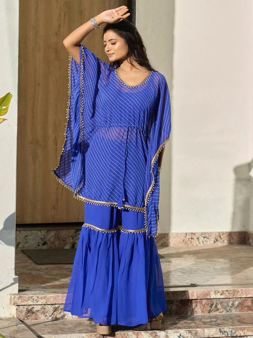 Marvelous Blue Leheriya Printed Georgette Festive Wear Kaftan Sharara Suit - Zeel Clothing