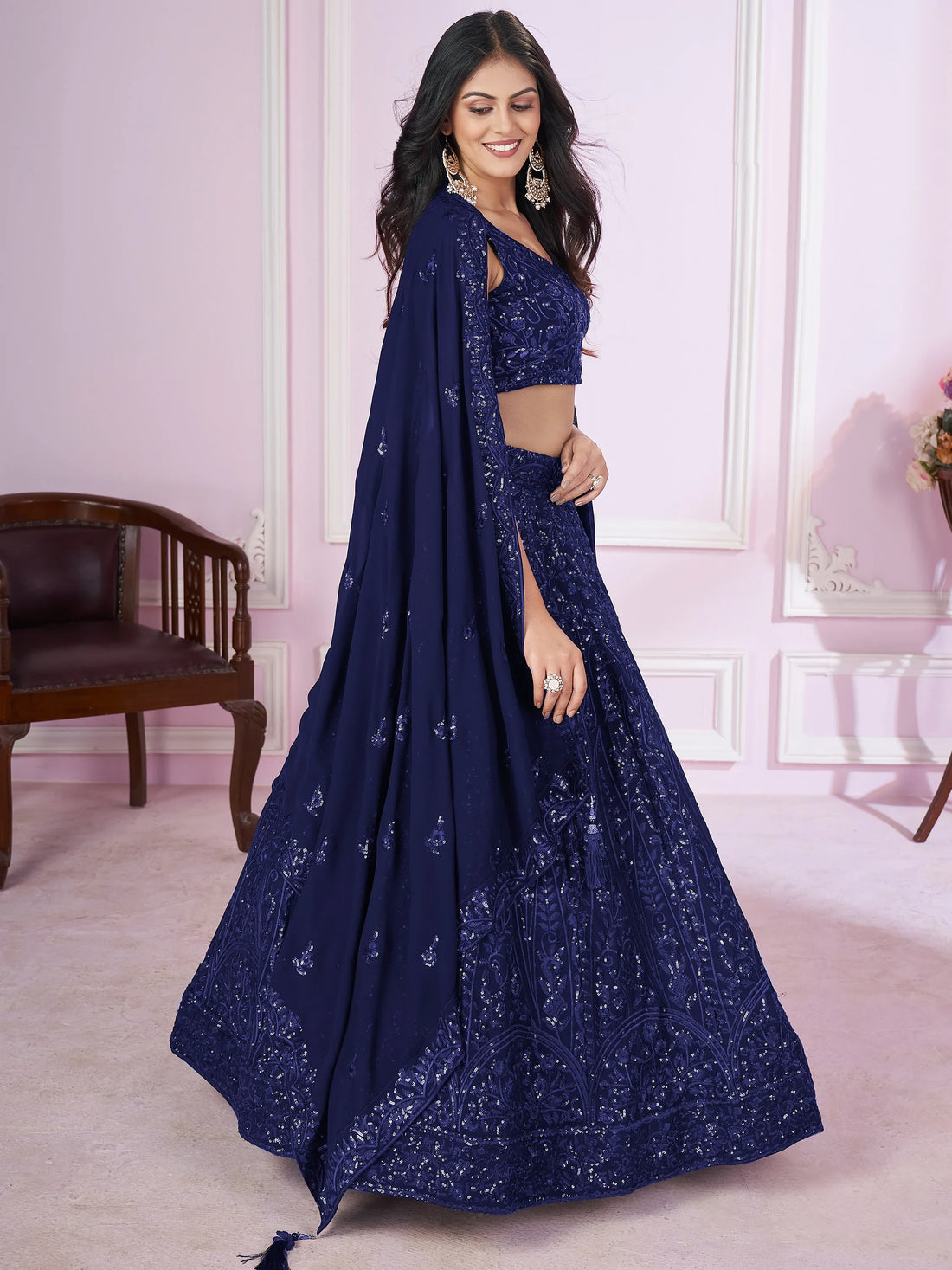 Marvelous Blue Sequins Georgette Engagement Wear Lehenga Choli - Zeel Clothing