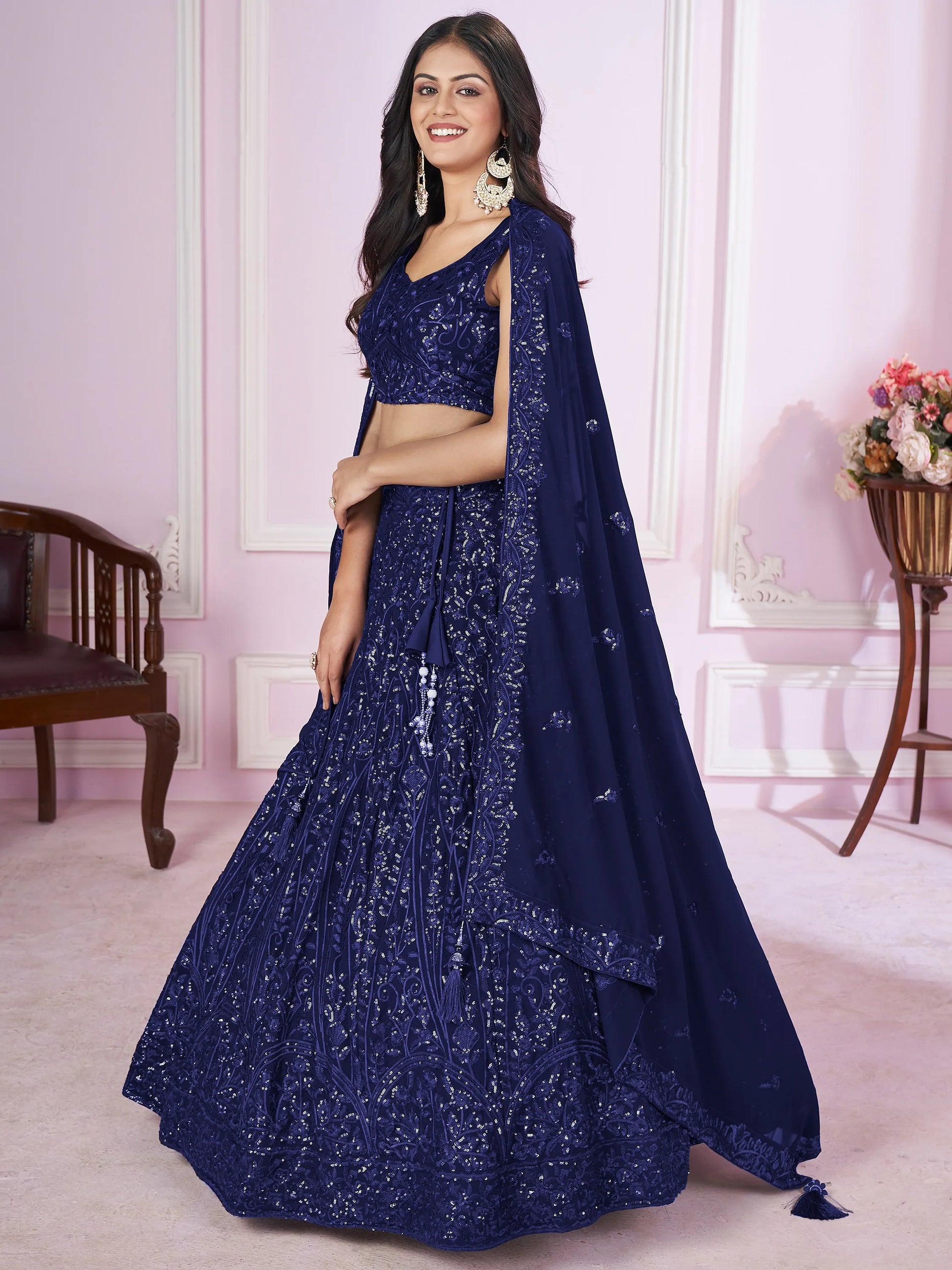 Marvelous Blue Sequins Georgette Engagement Wear Lehenga Choli - Zeel Clothing