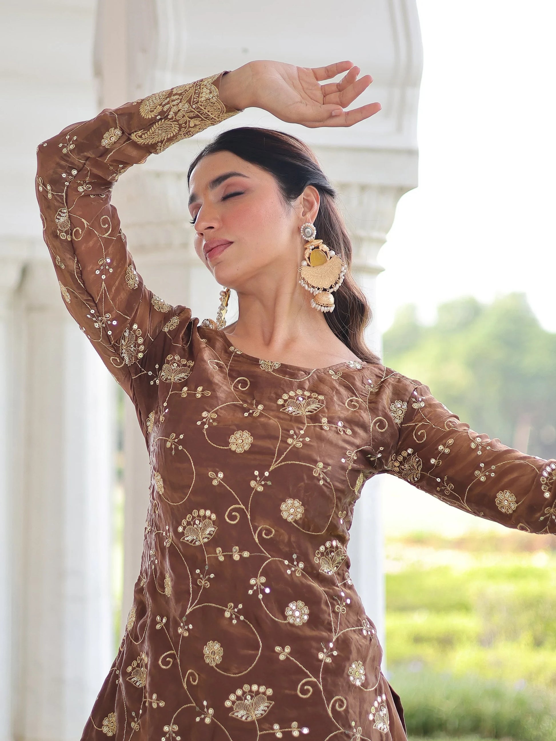 Marvelous Brown Embroidered Organza Festive Wear Palazzo Suit With Dupatta