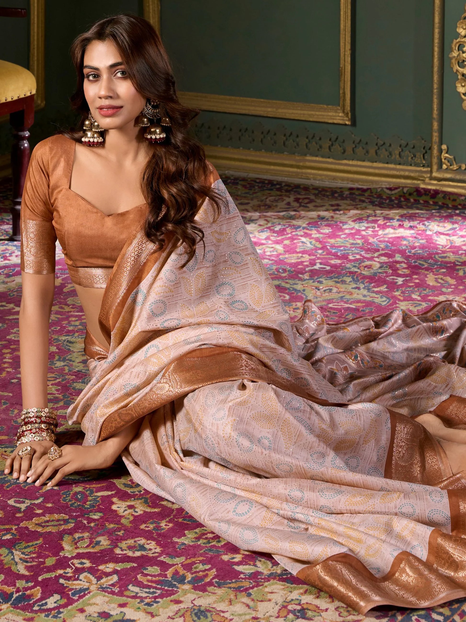 Marvelous Brown Printed Dola Silk Traditional Saree With Blouse - Zeel Clothing