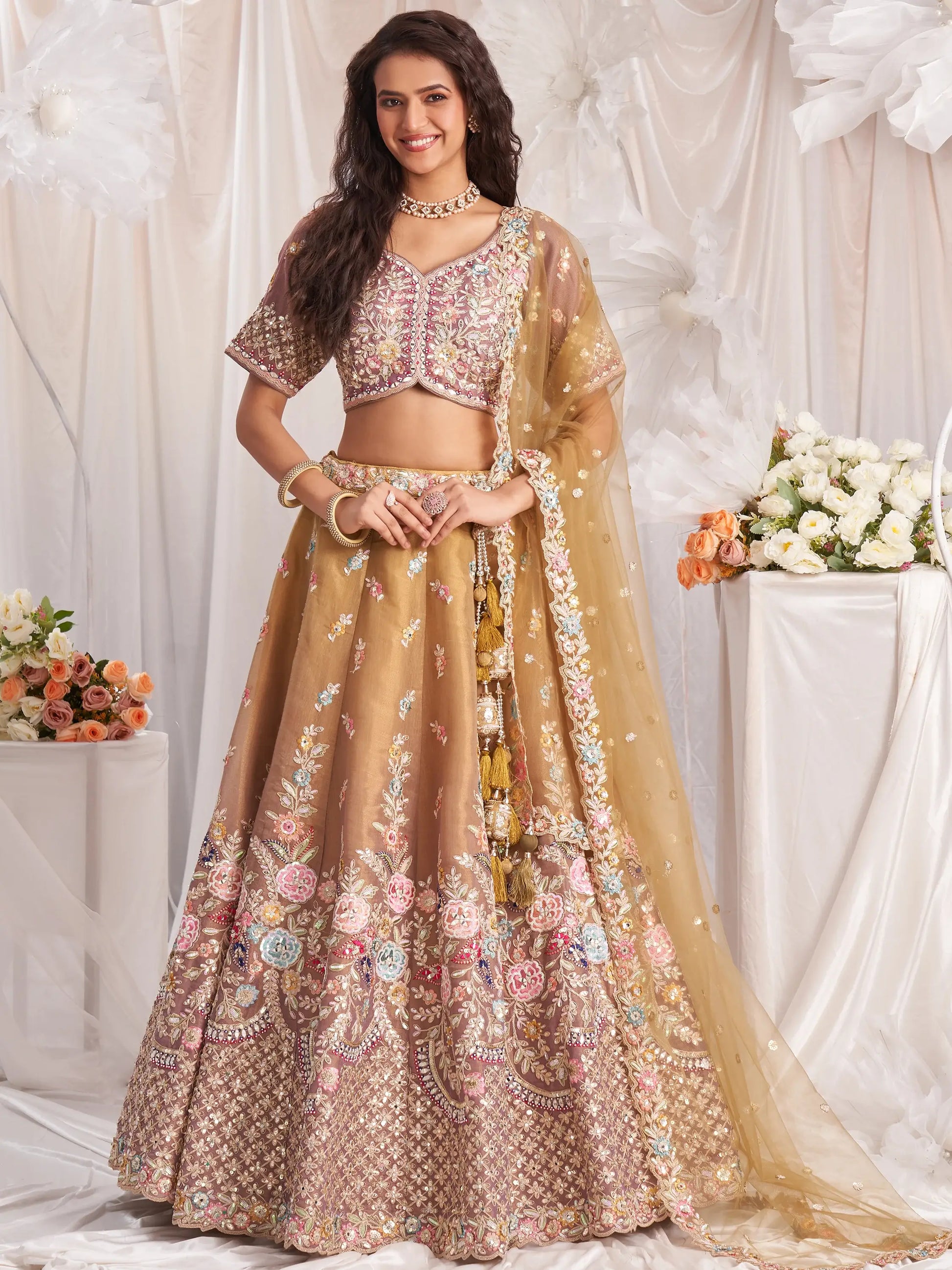 Marvelous Brown Sequins Tissue Silk Engagement Wear Lehenga Choli - Zeel Clothing