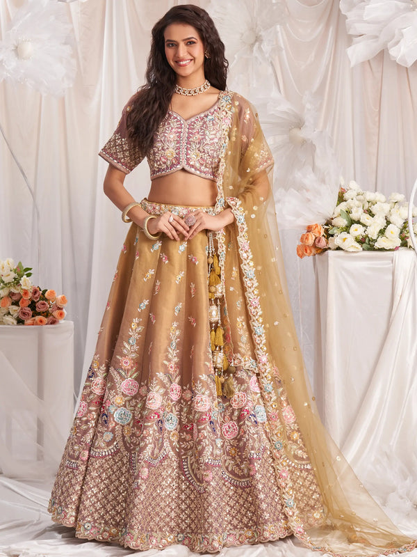 Marvelous Brown Sequins Tissue Silk Engagement Wear Lehenga Choli - Zeel Clothing