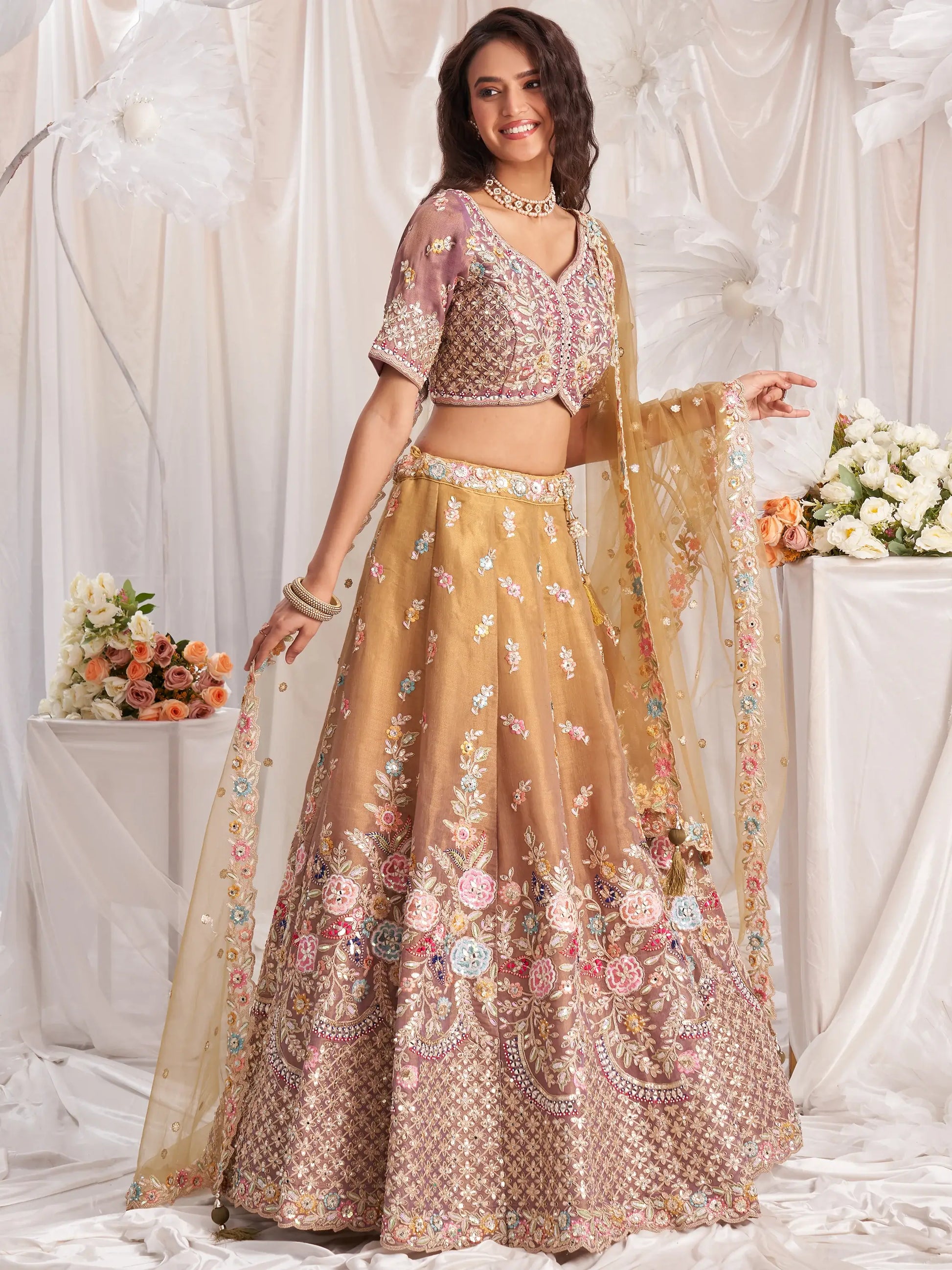Marvelous Brown Sequins Tissue Silk Engagement Wear Lehenga Choli - Zeel Clothing