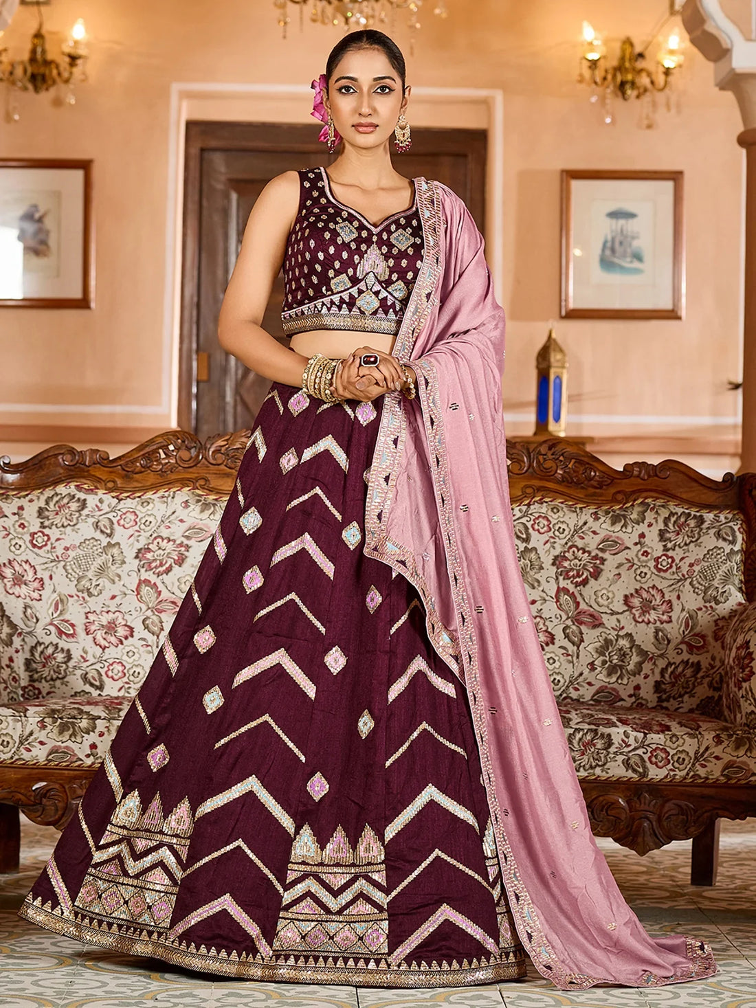 Marvelous Brown Thread Work Tissue Wedding Wear Lehenga Choli With Dupatta