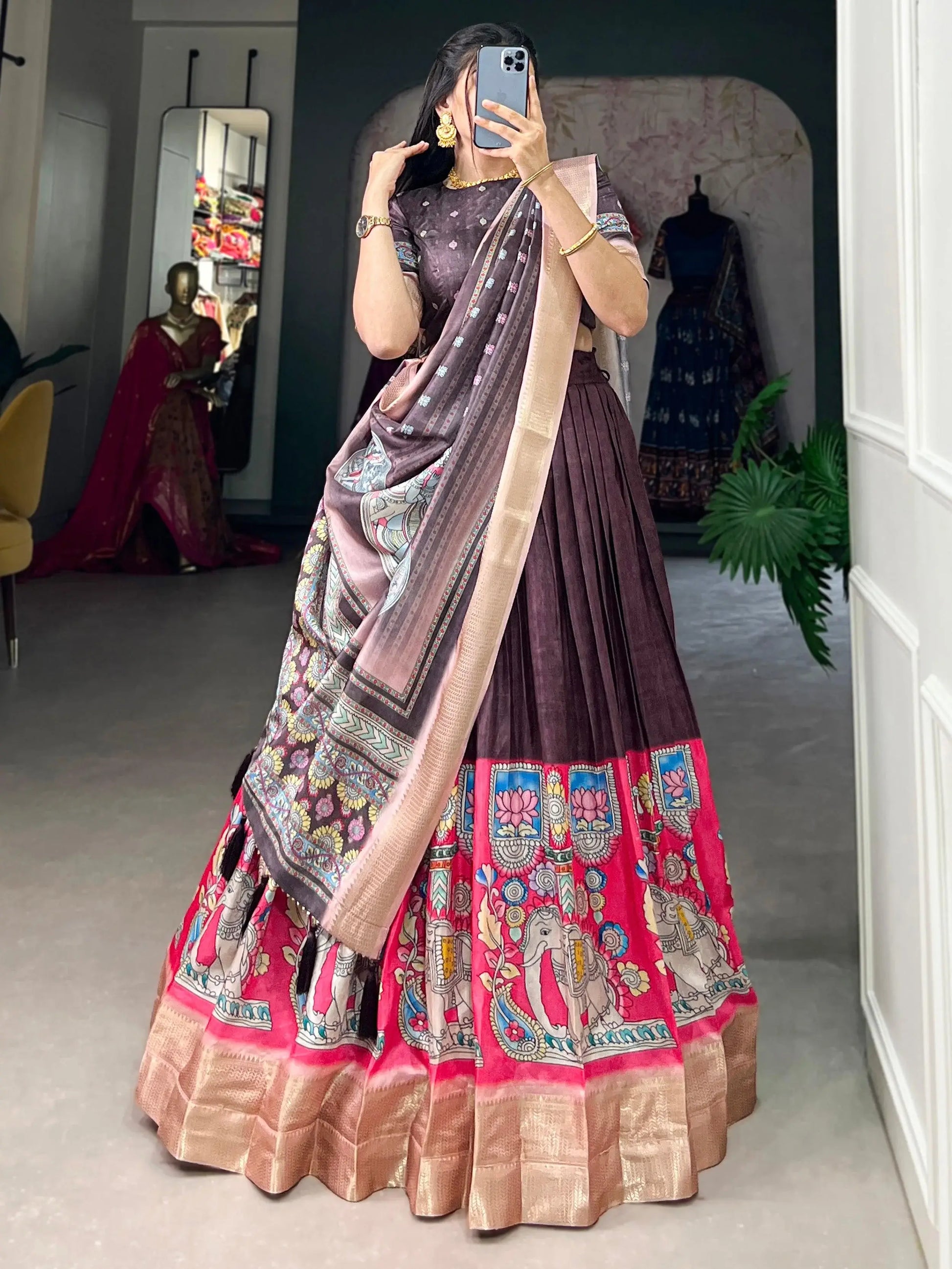 Marvelous Burgundy Kalamkari Printed Dola Silk Lehenga Choli - Zeel Clothing