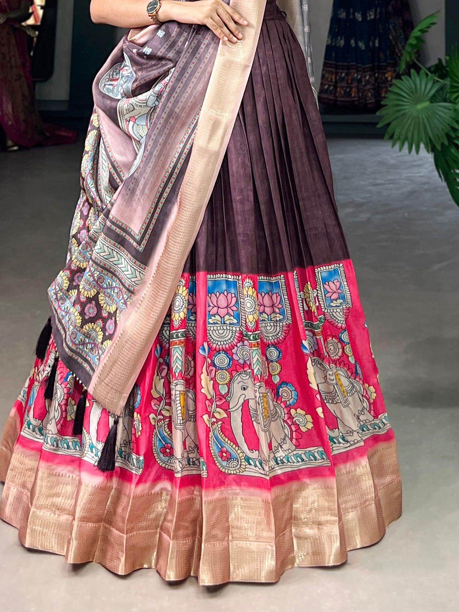 Marvelous Burgundy Kalamkari Printed Dola Silk Lehenga Choli - Zeel Clothing