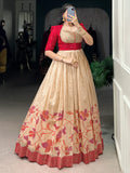 Marvelous Cream & Maroon Printed Silk Traditional Gown With Jacket - Zeel Clothing