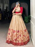 Marvelous Cream & Maroon Printed Silk Traditional Gown With Jacket - Zeel Clothing