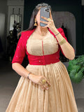 Marvelous Cream & Maroon Printed Silk Traditional Gown With Jacket - Zeel Clothing