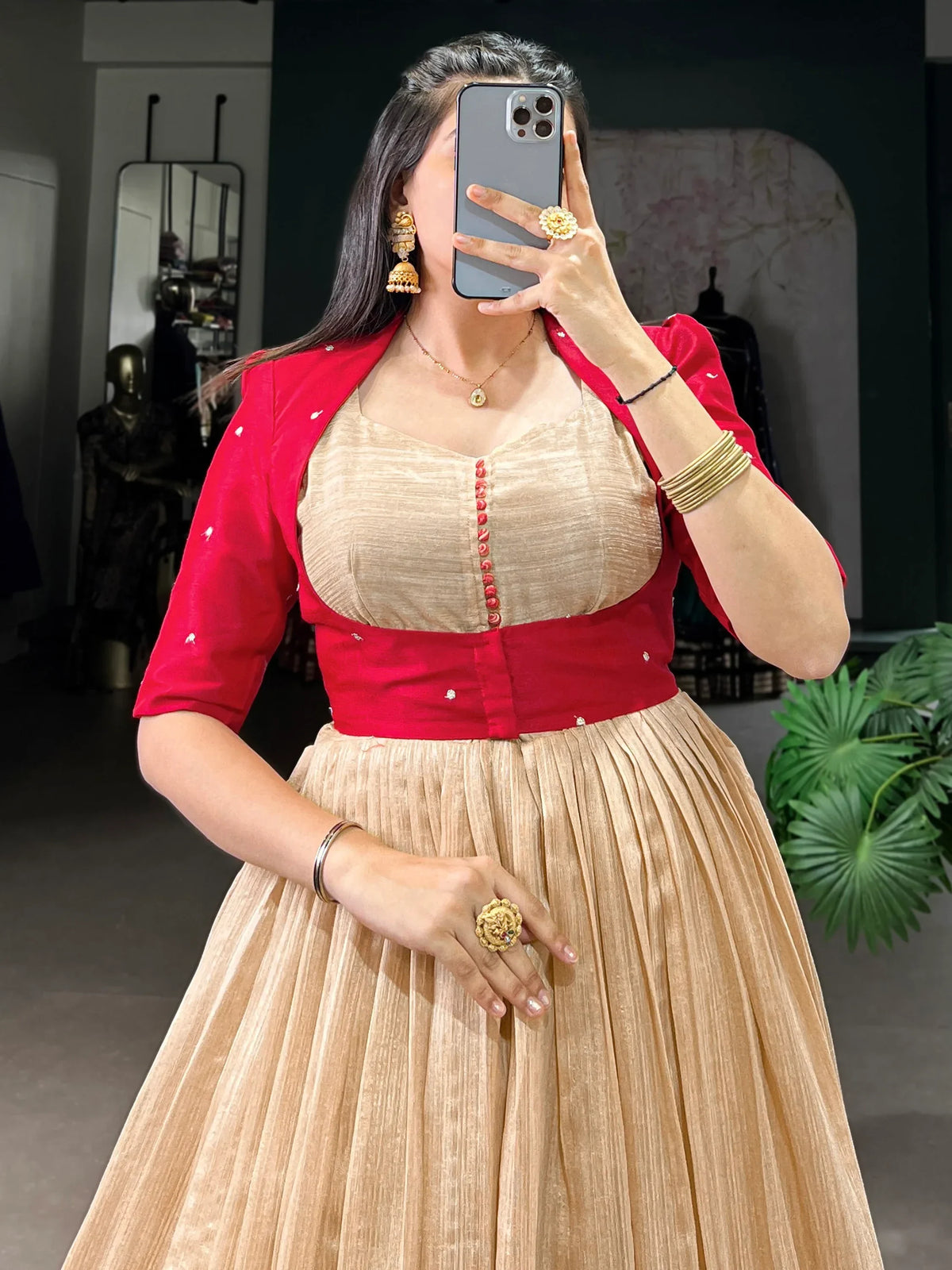 Marvelous Cream & Maroon Printed Silk Traditional Gown With Jacket - Zeel Clothing