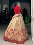 Marvelous Cream & Maroon Printed Silk Traditional Gown With Jacket - Zeel Clothing