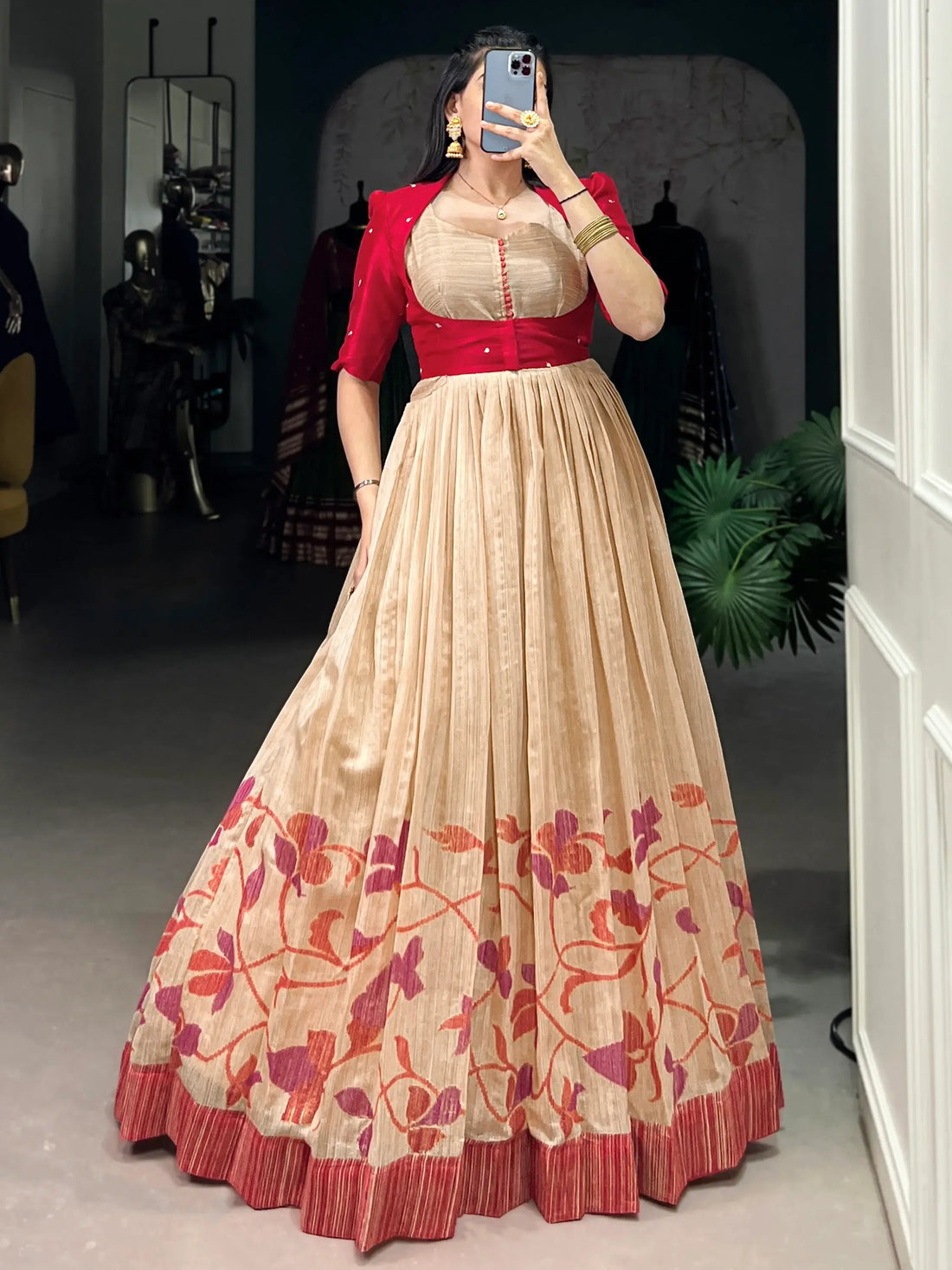 Marvelous Cream & Maroon Printed Silk Traditional Gown With Jacket - Zeel Clothing