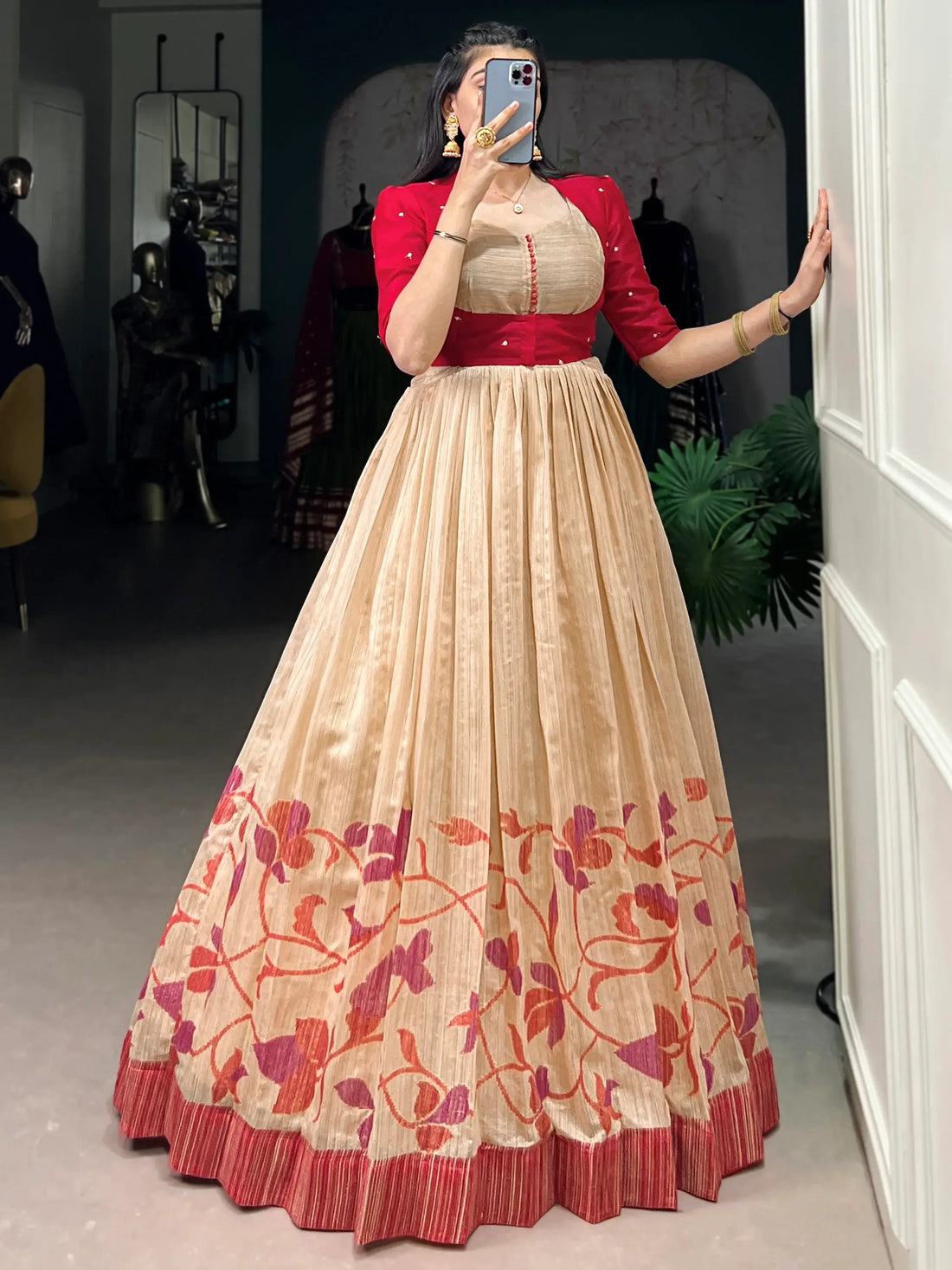 Marvelous Cream & Maroon Printed Silk Traditional Gown With Jacket - Zeel Clothing