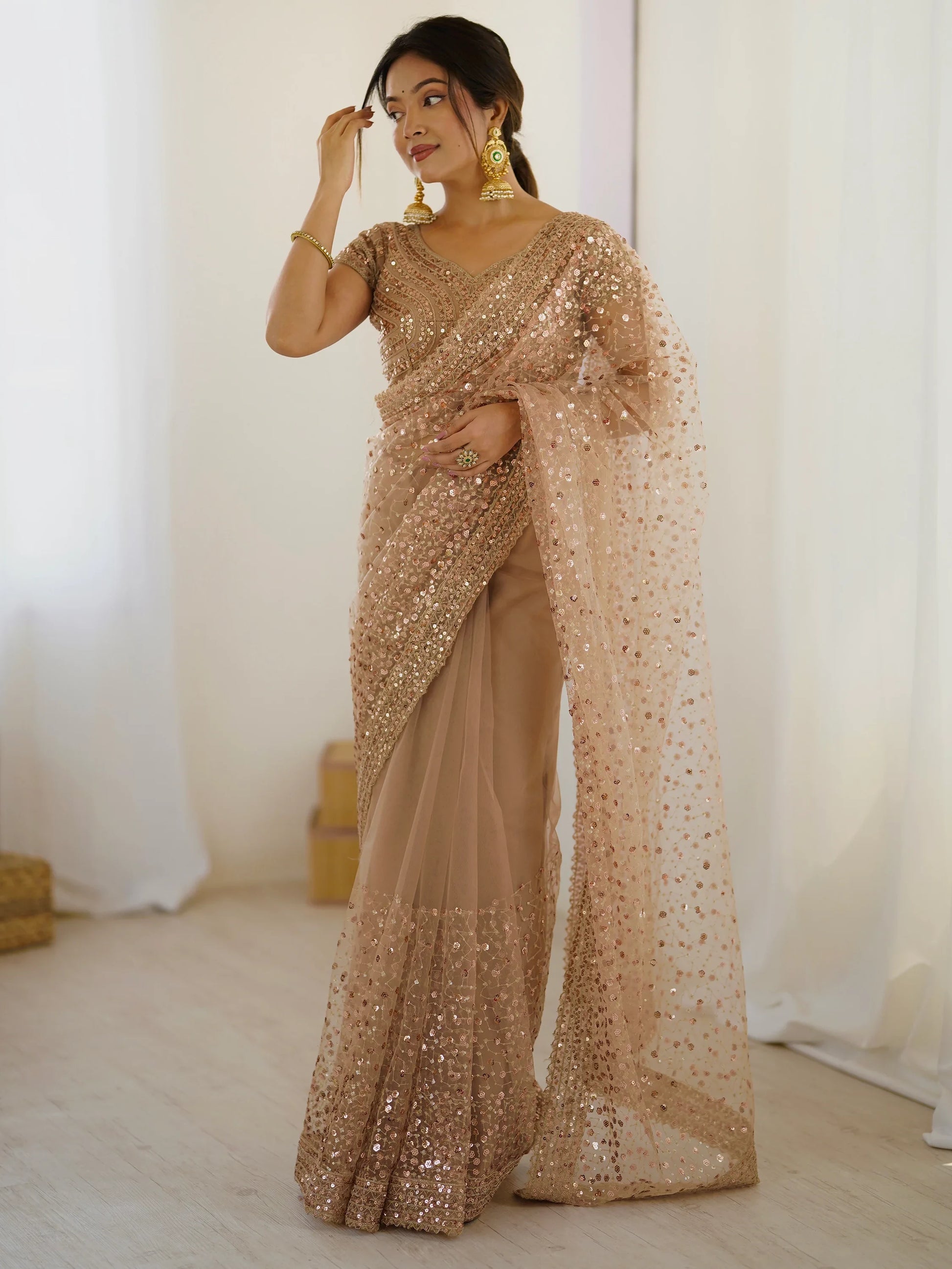Marvelous Golden Sequins Net Party Wear Saree With Blouse - Zeel Clothing