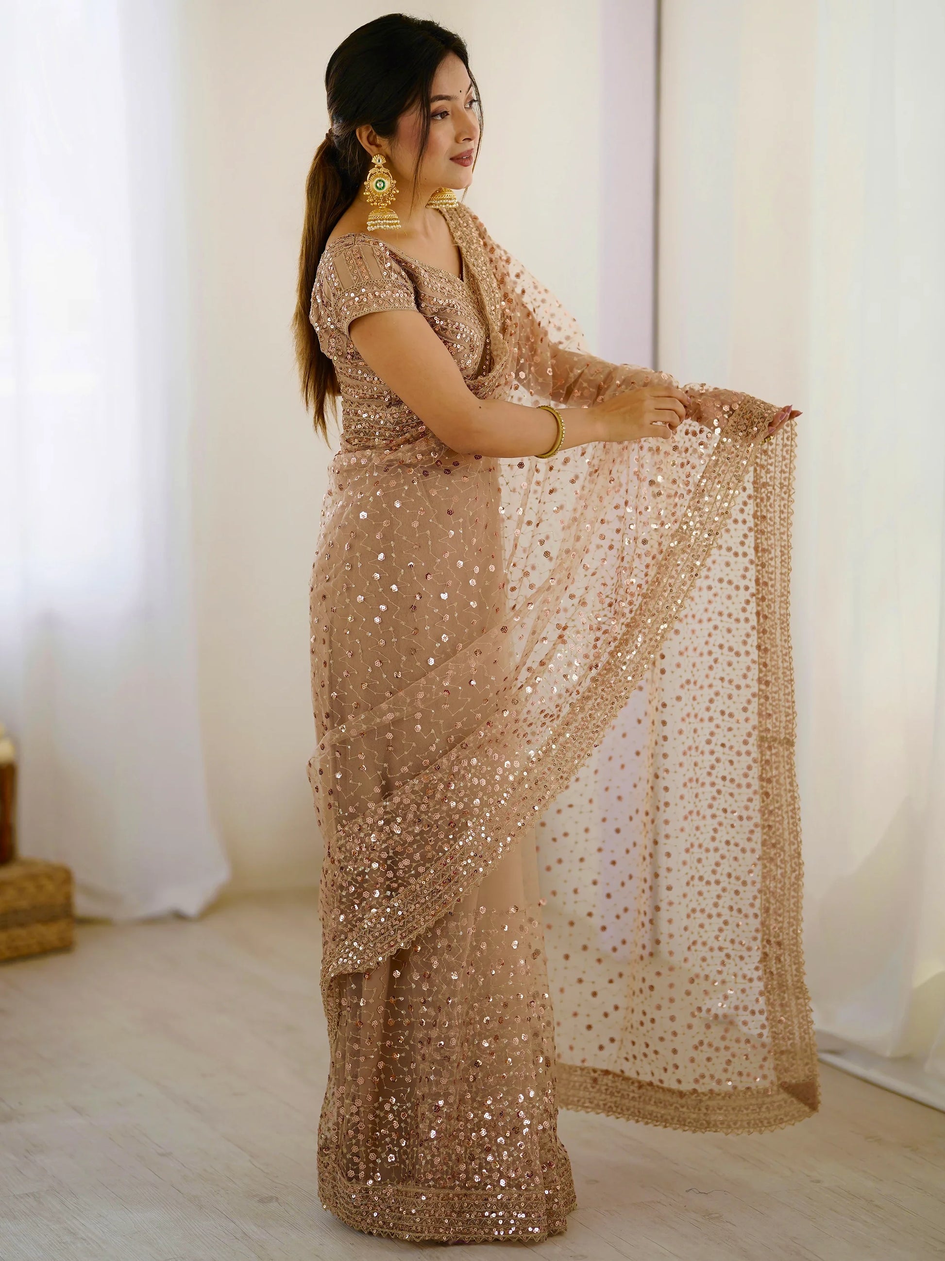 Marvelous Golden Sequins Net Party Wear Saree With Blouse - Zeel Clothing