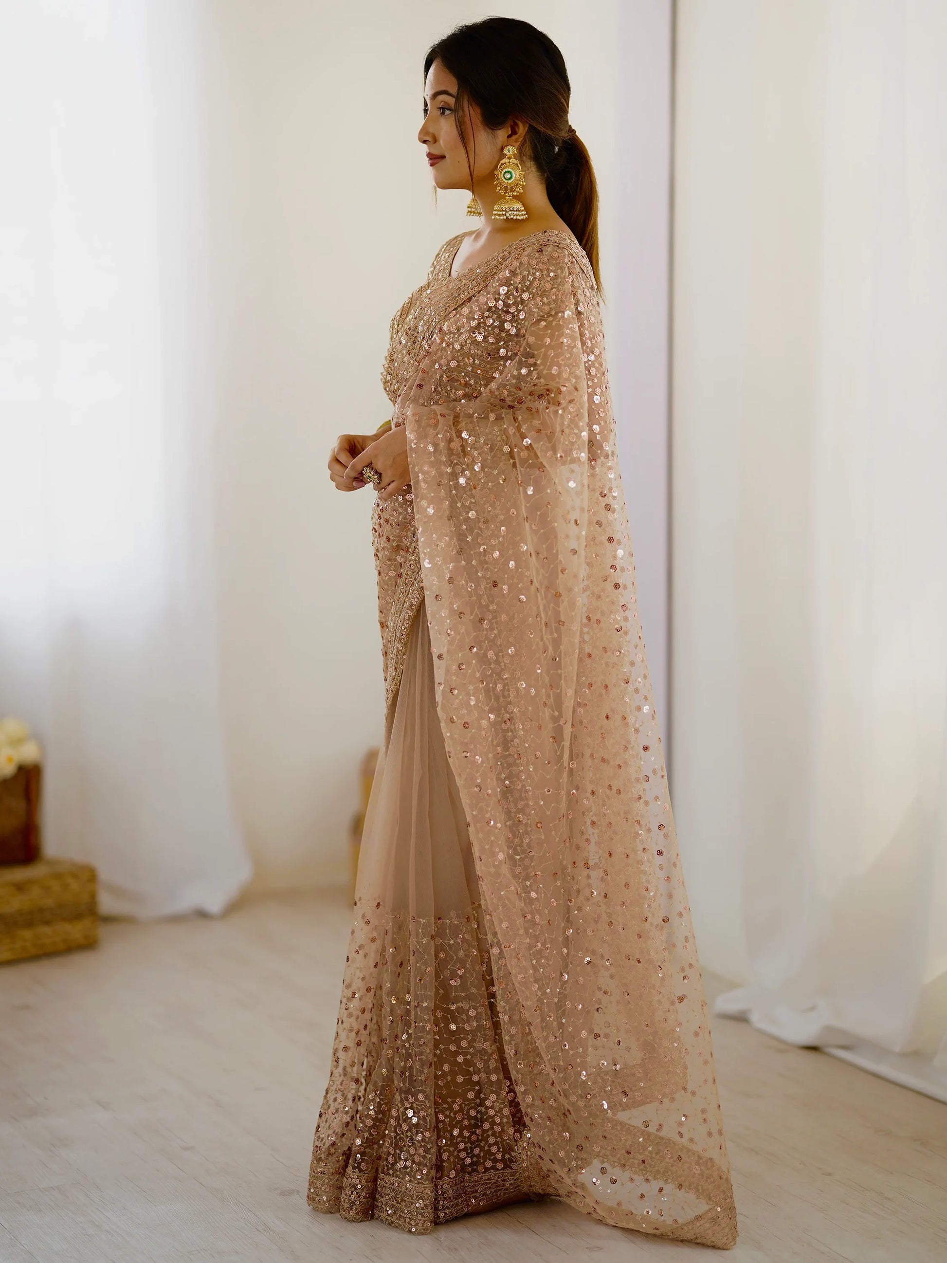 Marvelous Golden Sequins Net Party Wear Saree With Blouse - Zeel Clothing