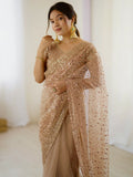 Marvelous Golden Sequins Net Party Wear Saree With Blouse - Zeel Clothing