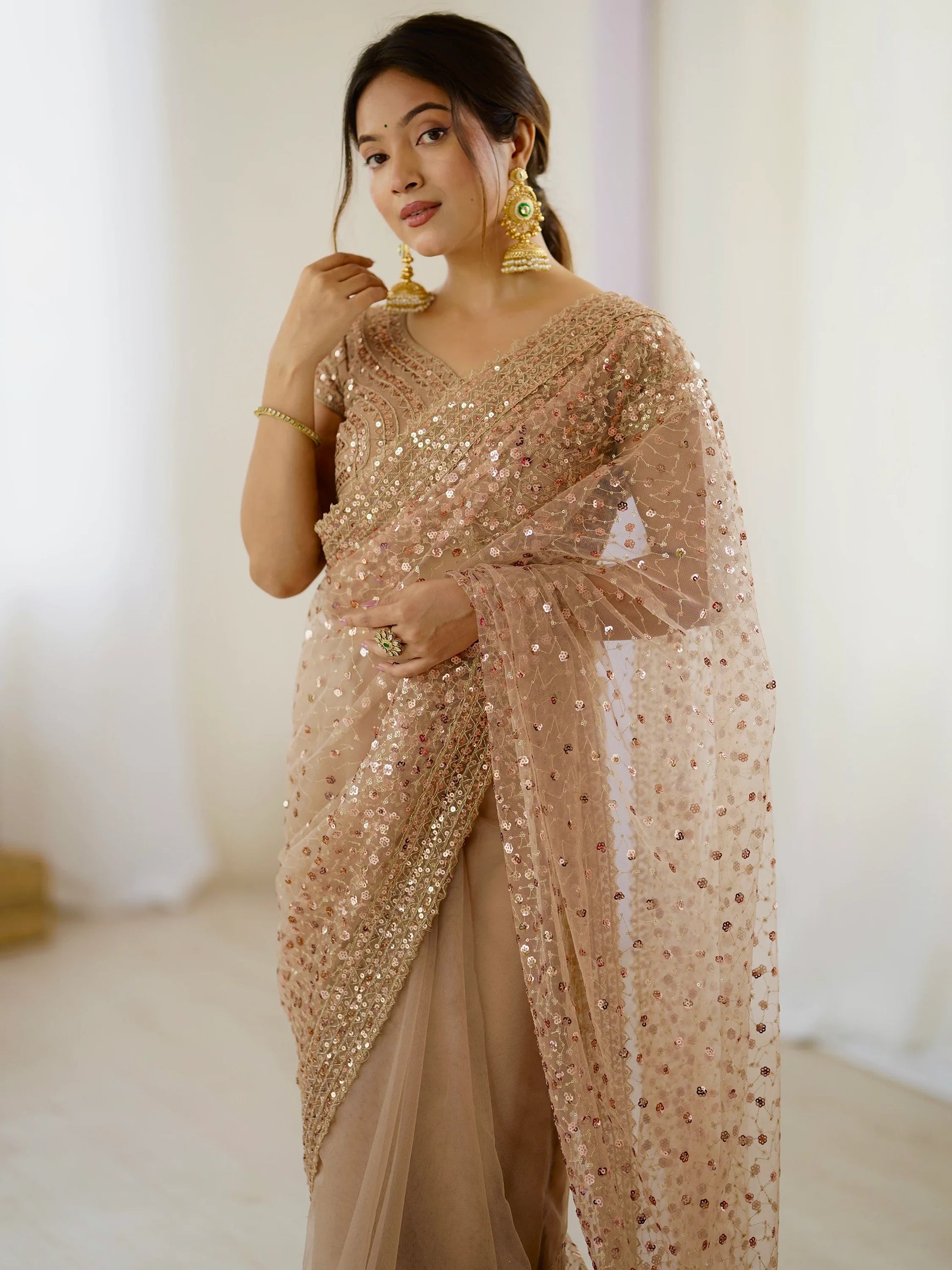 Marvelous Golden Sequins Net Party Wear Saree With Blouse - Zeel Clothing