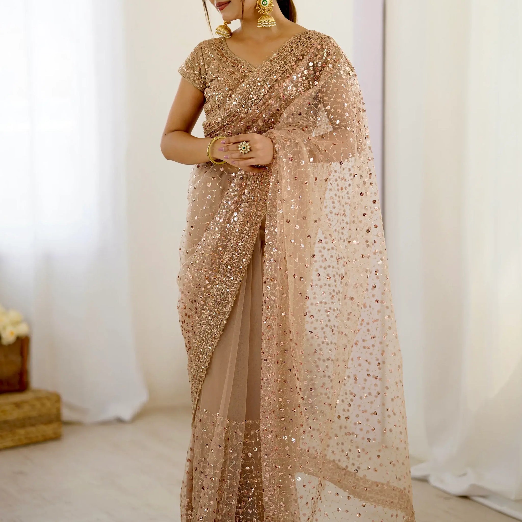 Marvelous Golden Sequins Net Party Wear Saree With Blouse - Zeel Clothing