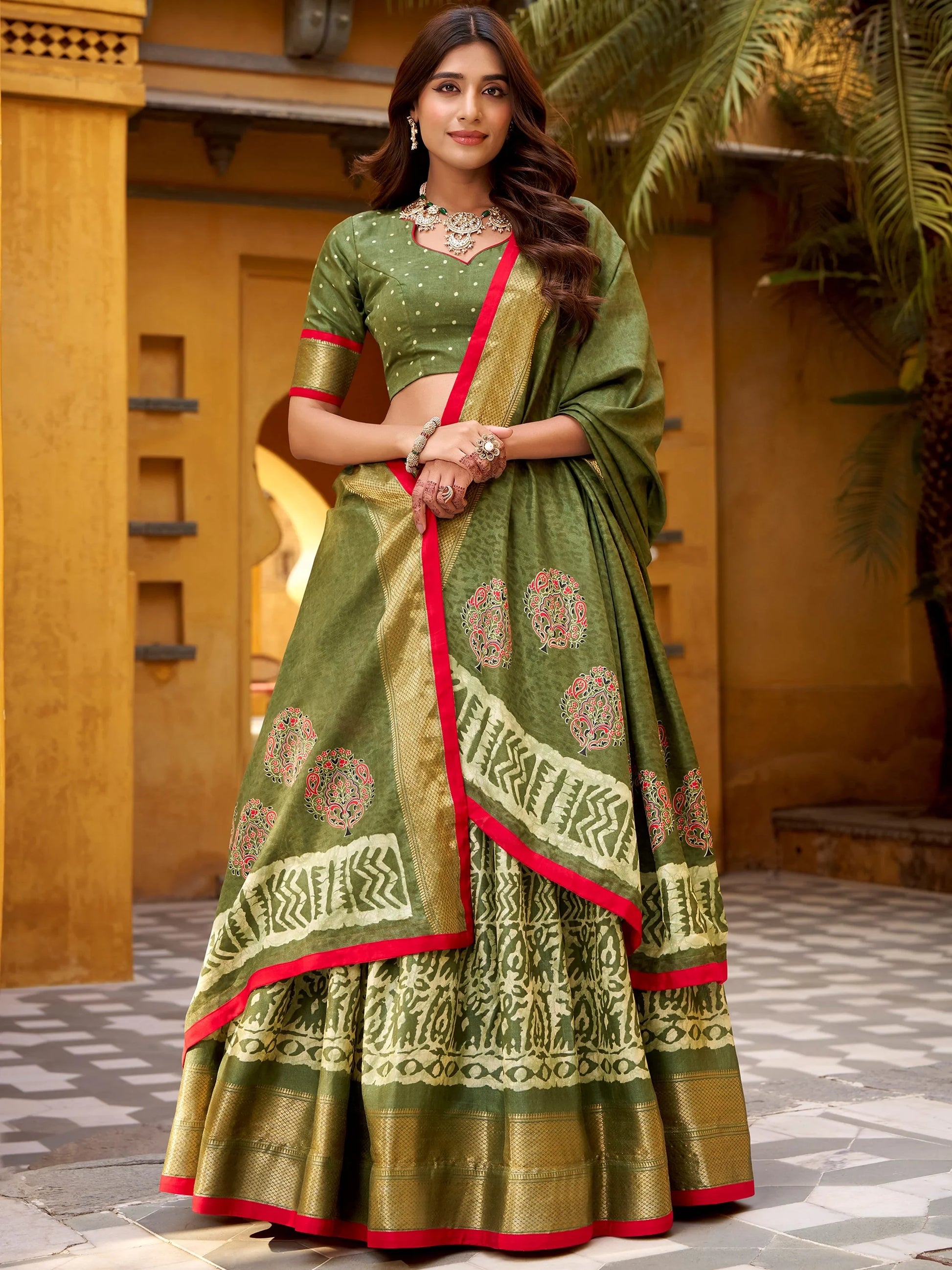 Marvelous Green Printed Dola Silk Mehendi Wear Lehenga With Blouse
