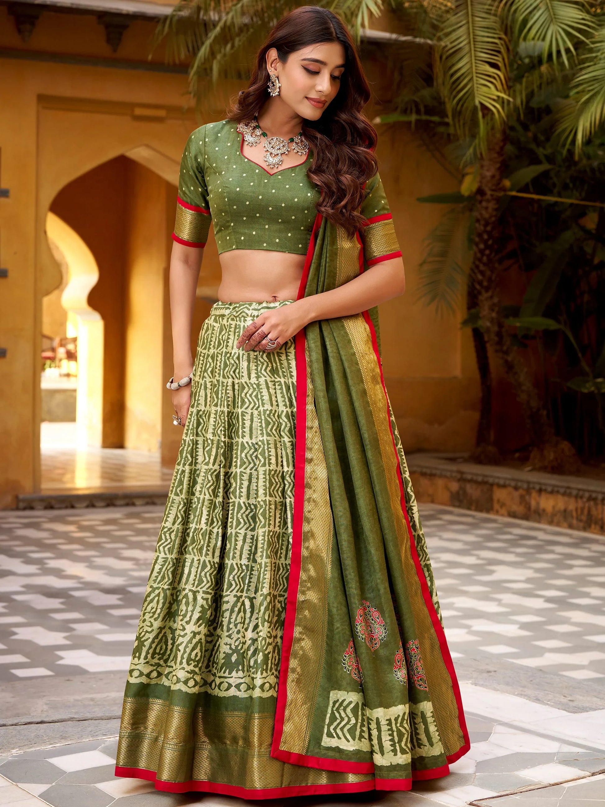 Marvelous Green Printed Dola Silk Mehendi Wear Lehenga With Blouse