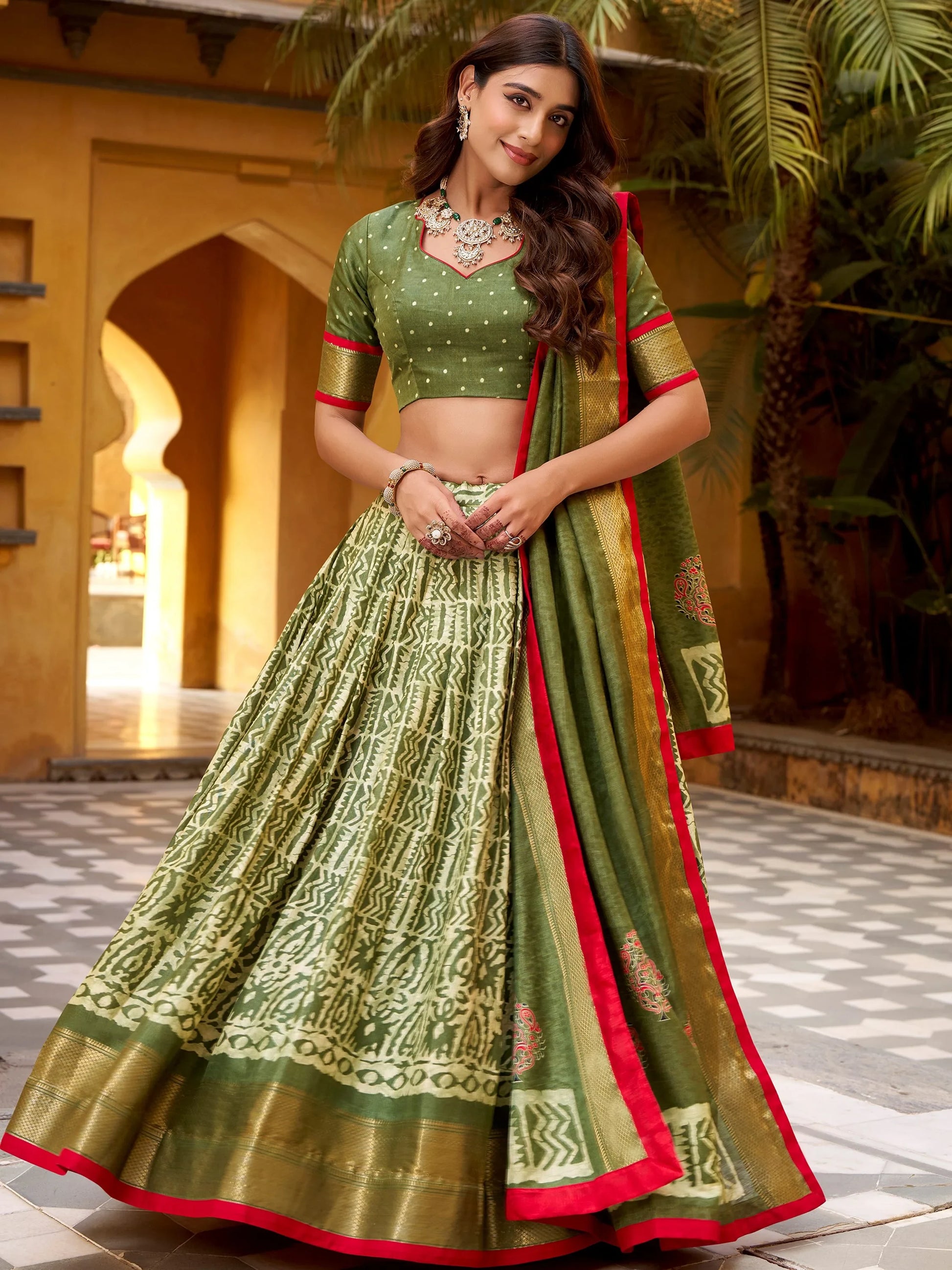 Marvelous Green Printed Dola Silk Mehendi Wear Lehenga With Blouse