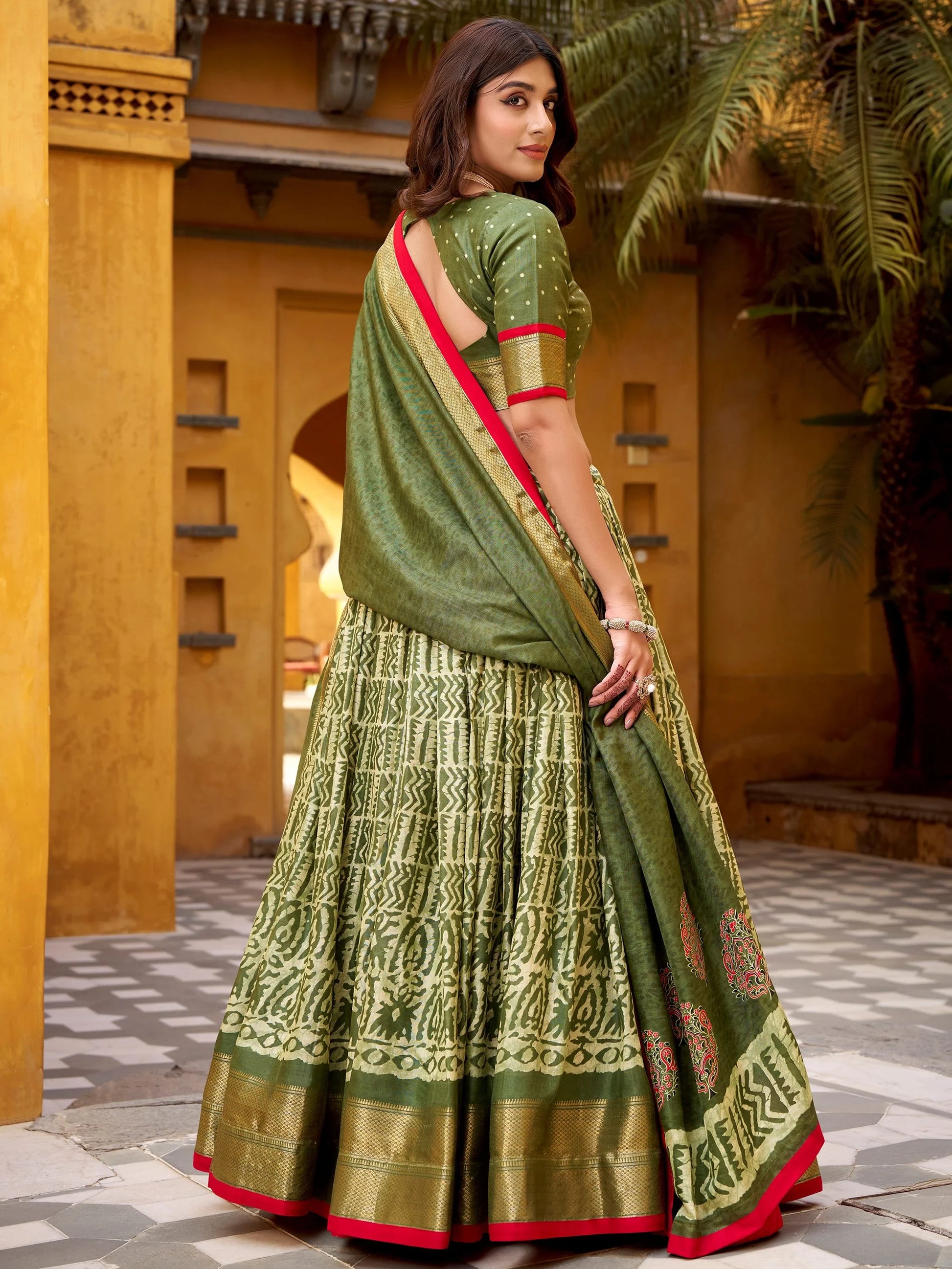 Marvelous Green Printed Dola Silk Mehendi Wear Lehenga With Blouse