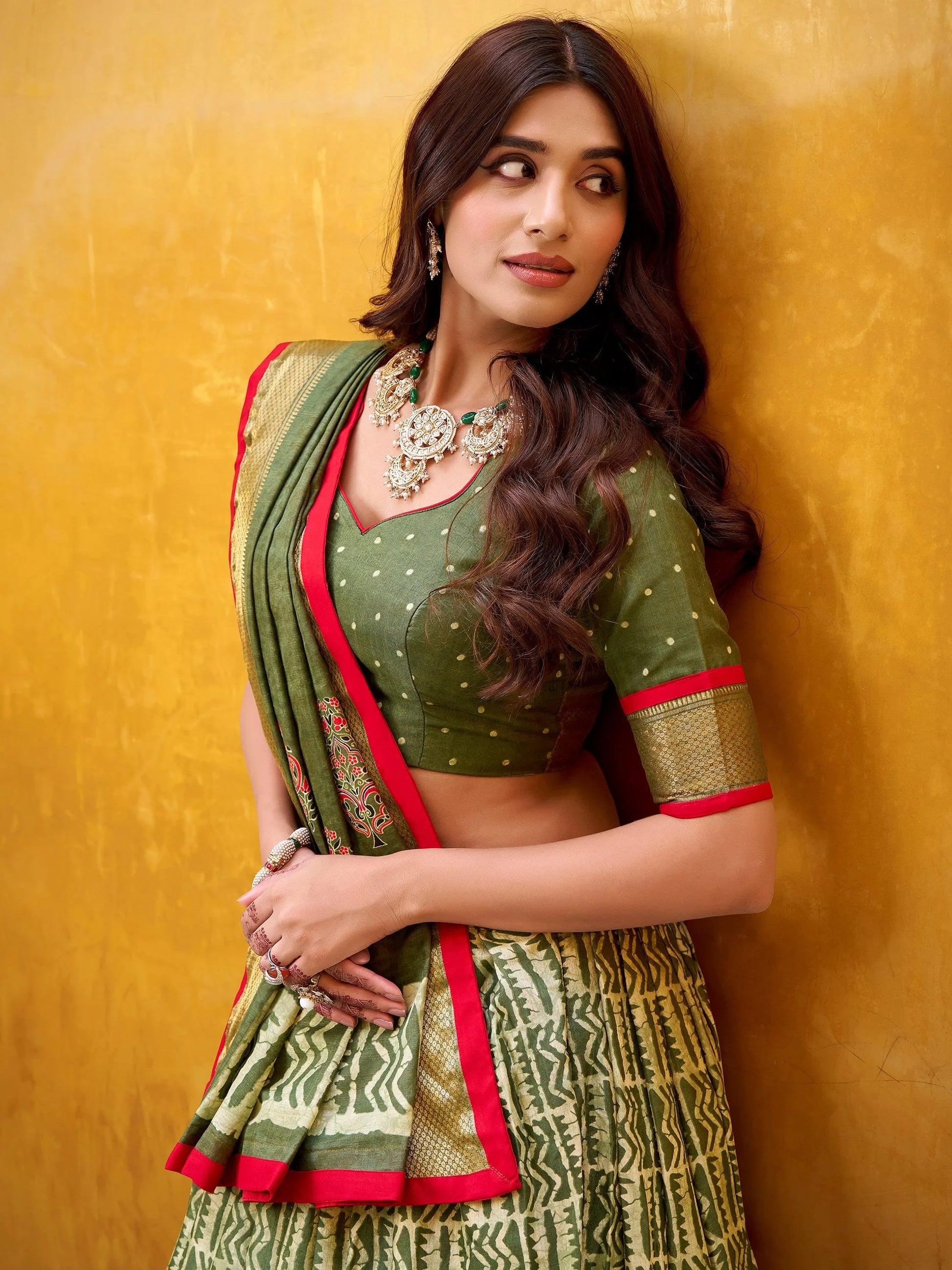 Marvelous Green Printed Dola Silk Mehendi Wear Lehenga With Blouse