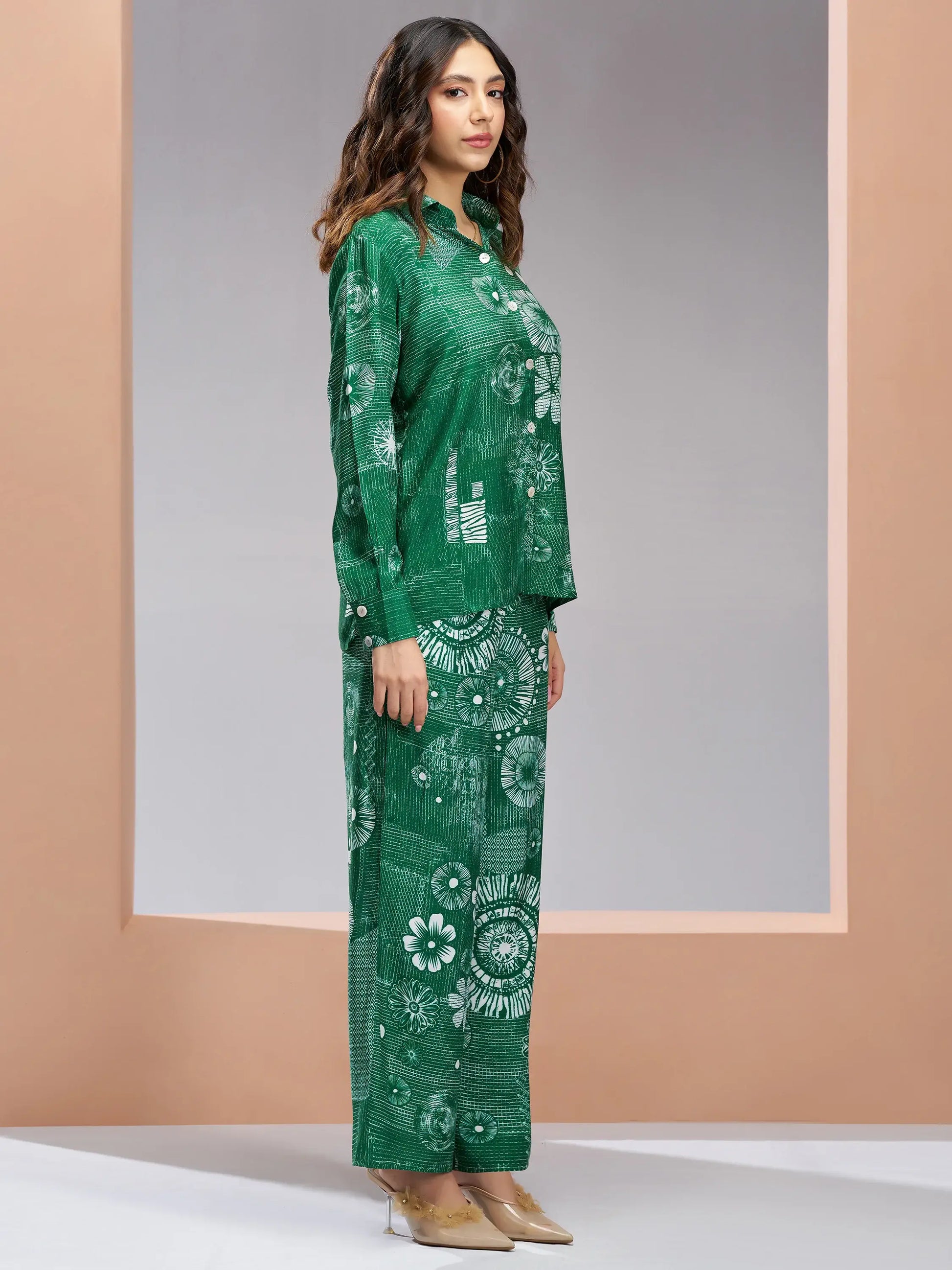Marvelous Green Printed Muslin Silk Office Wear Co-Ord Set - Zeel Clothing