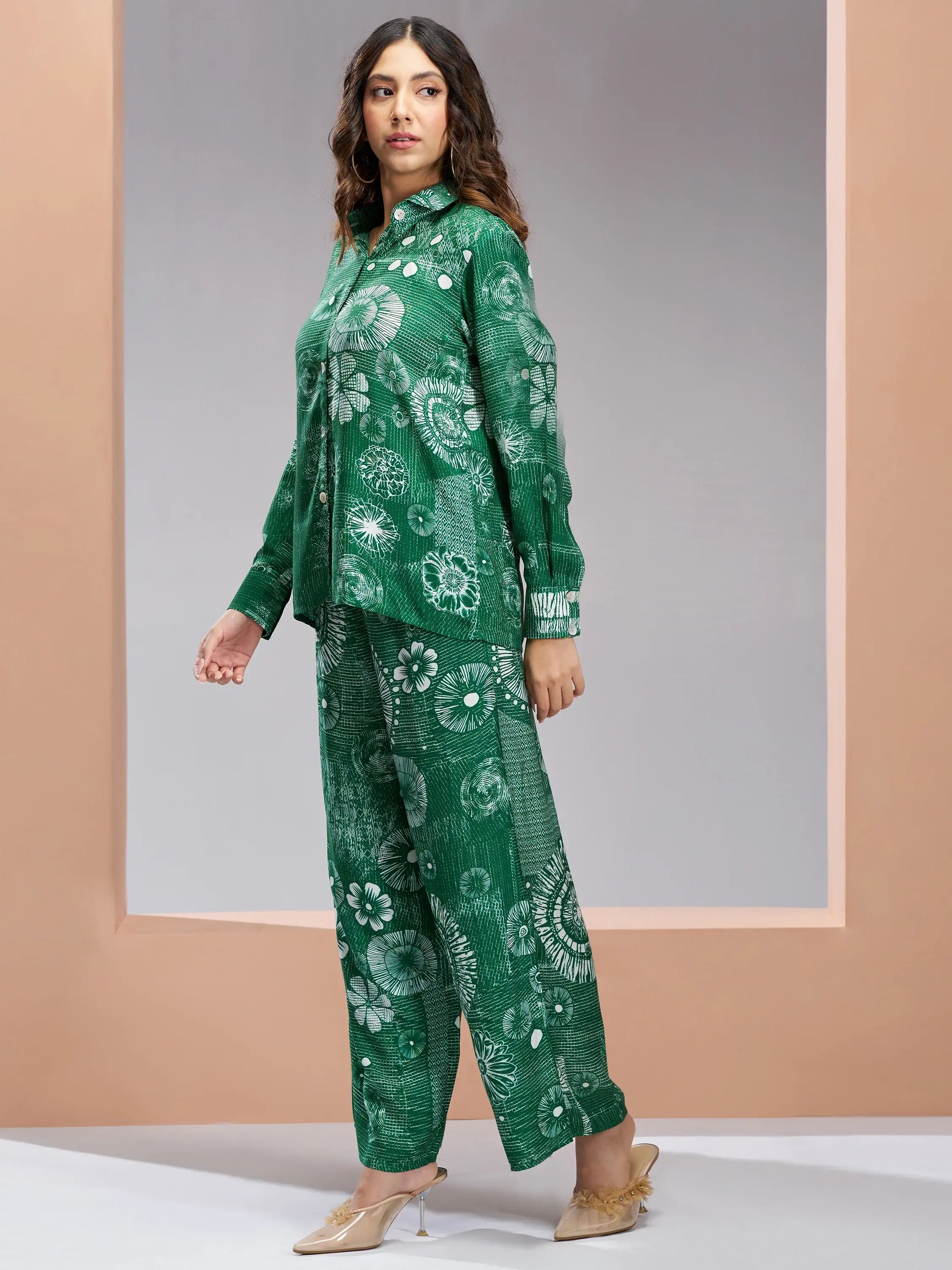 Marvelous Green Printed Muslin Silk Office Wear Co-Ord Set - Zeel Clothing