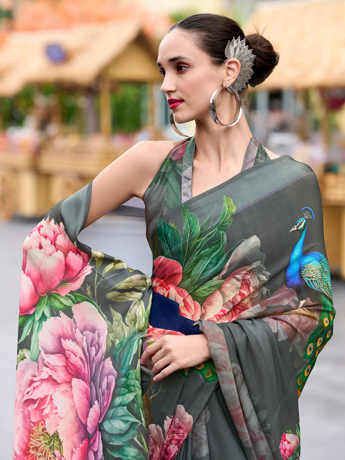 Marvelous Grey Floral Printed Georgette Casual Wear Saree With Blouse - Zeel Clothing