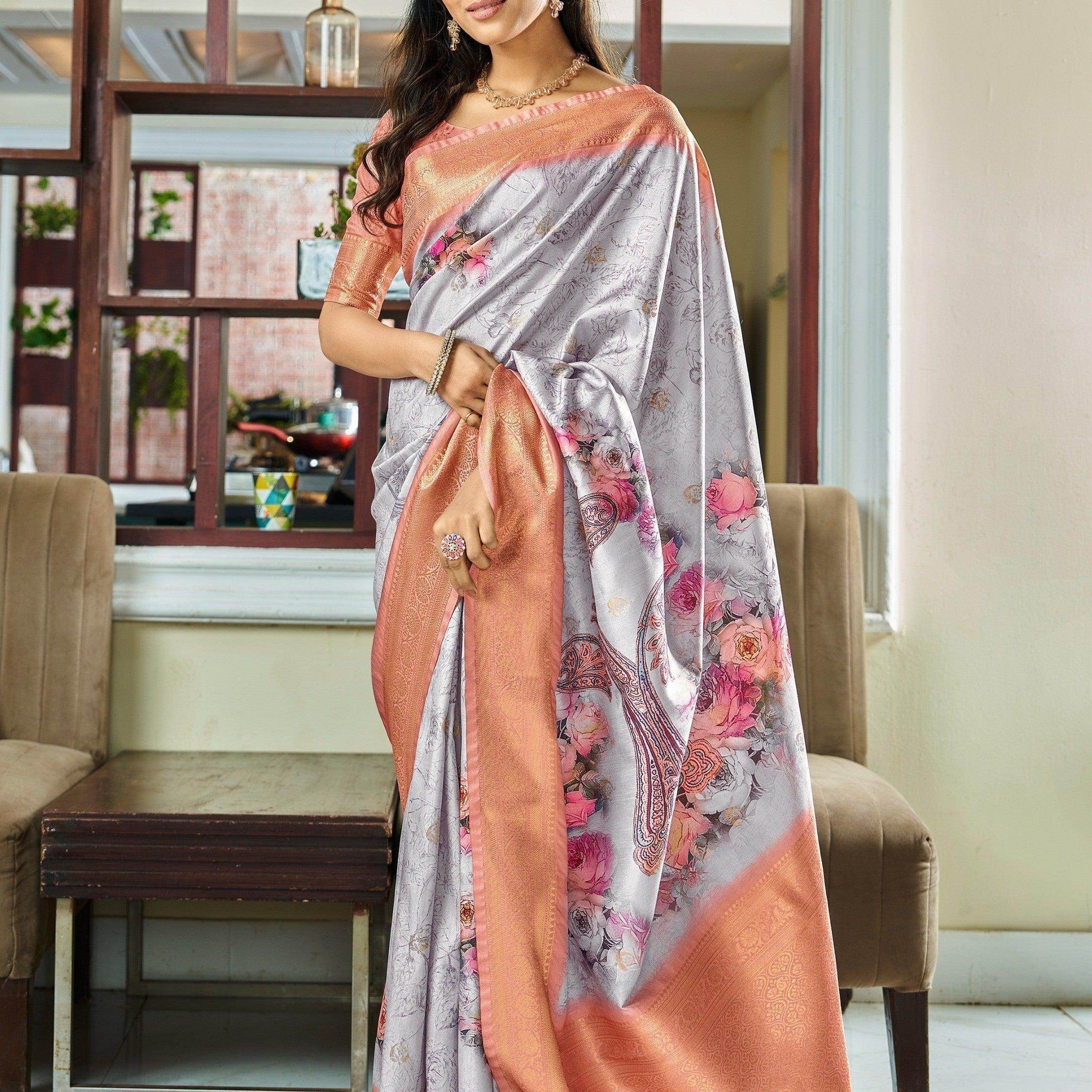 Marvelous Grey Floral Printed Silk Reception Wear Saree With Blouse - Zeel Clothing