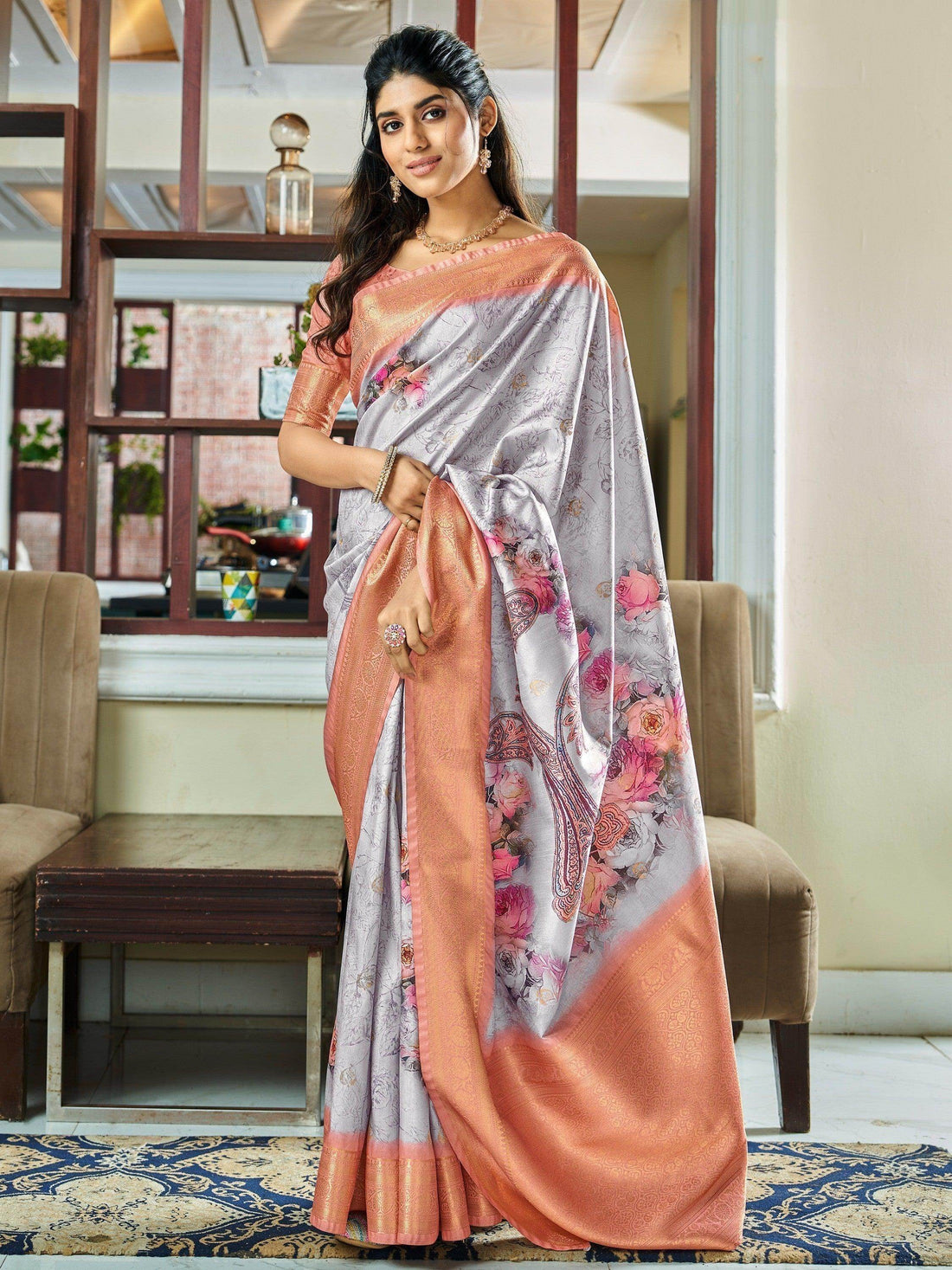 Marvelous Grey Floral Printed Silk Reception Wear Saree With Blouse - Zeel Clothing