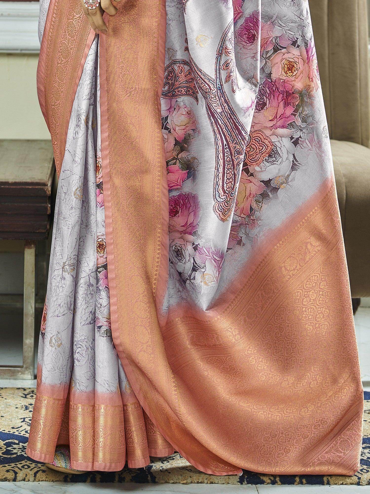Marvelous Grey Floral Printed Silk Reception Wear Saree With Blouse - Zeel Clothing