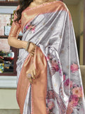 Marvelous Grey Floral Printed Silk Reception Wear Saree With Blouse - Zeel Clothing
