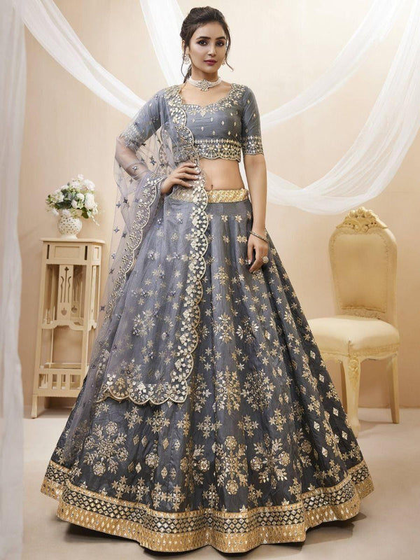 Marvelous Grey Paper Mirror Work Art Silk Reception Wear Lehenga Choli