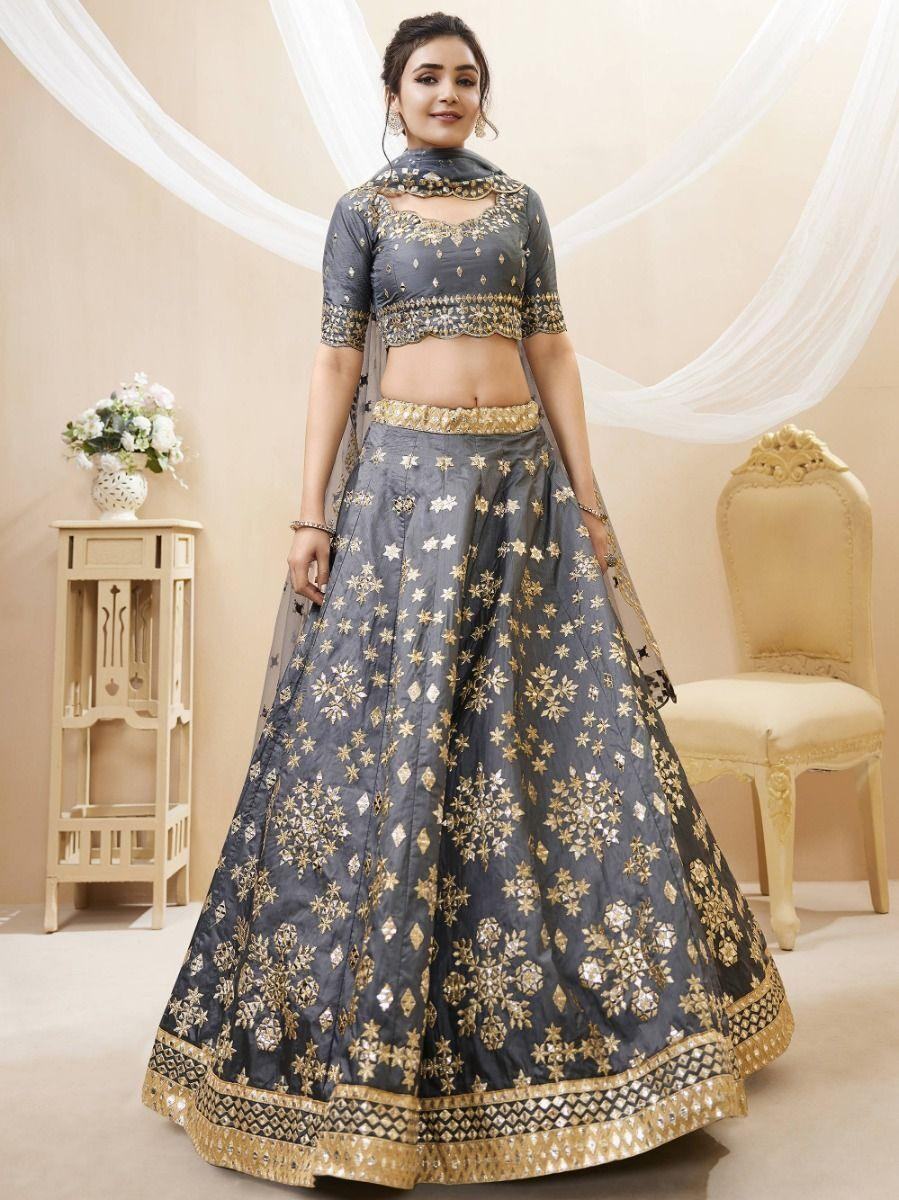 Marvelous Grey Paper Mirror Work Art Silk Reception Wear Lehenga Choli