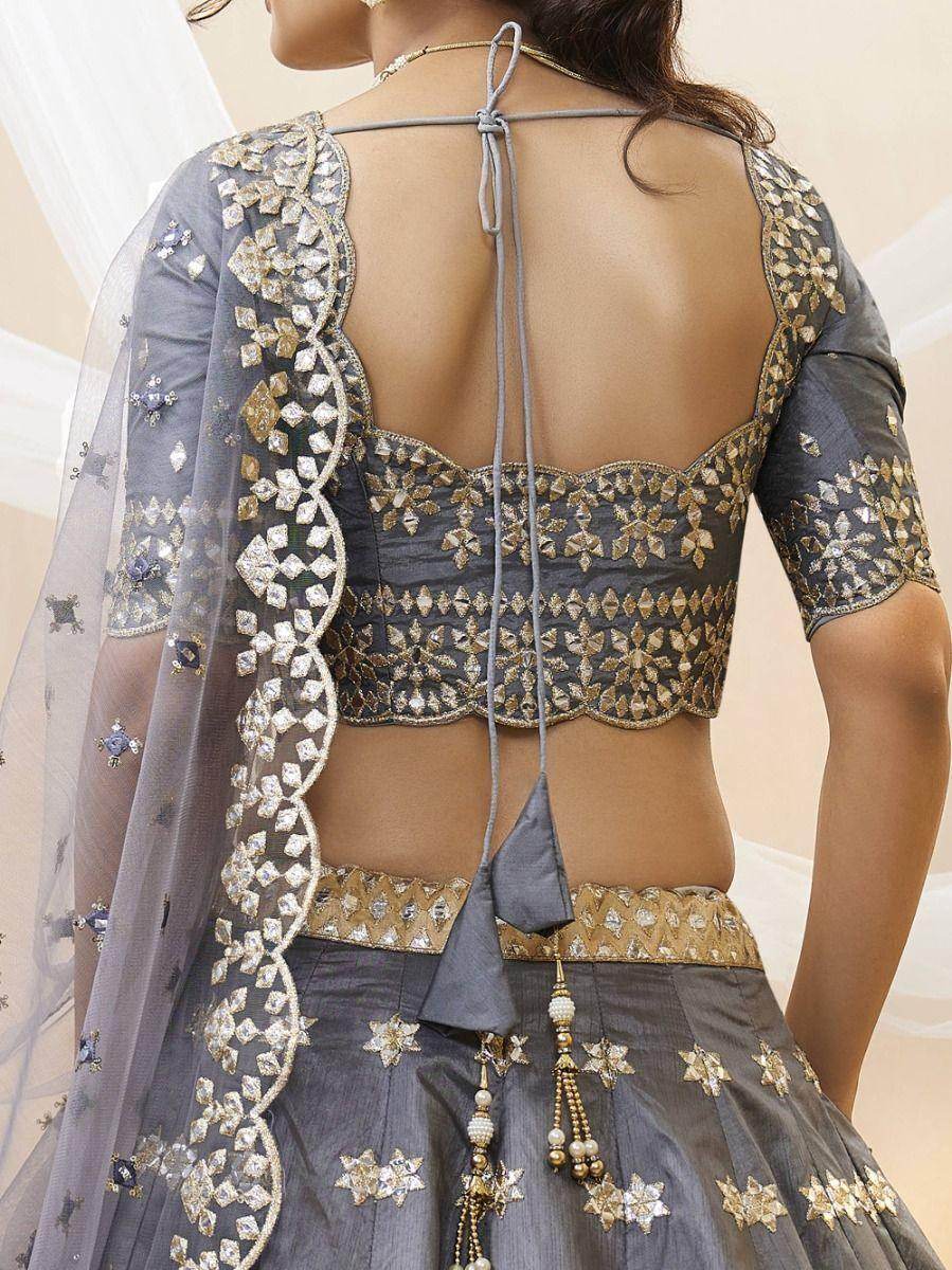Marvelous Grey Paper Mirror Work Art Silk Reception Wear Lehenga Choli - Zeel Clothing
