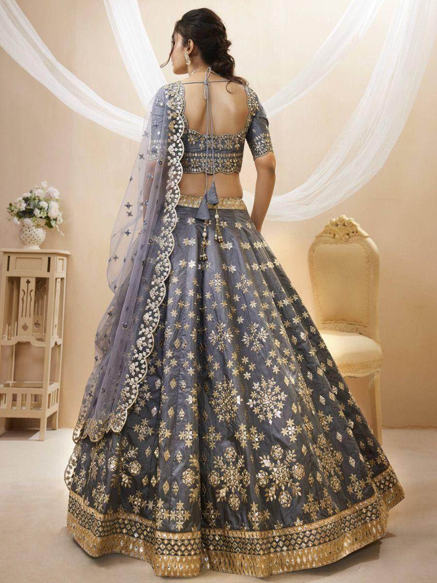 Marvelous Grey Paper Mirror Work Art Silk Reception Wear Lehenga Choli - Zeel Clothing