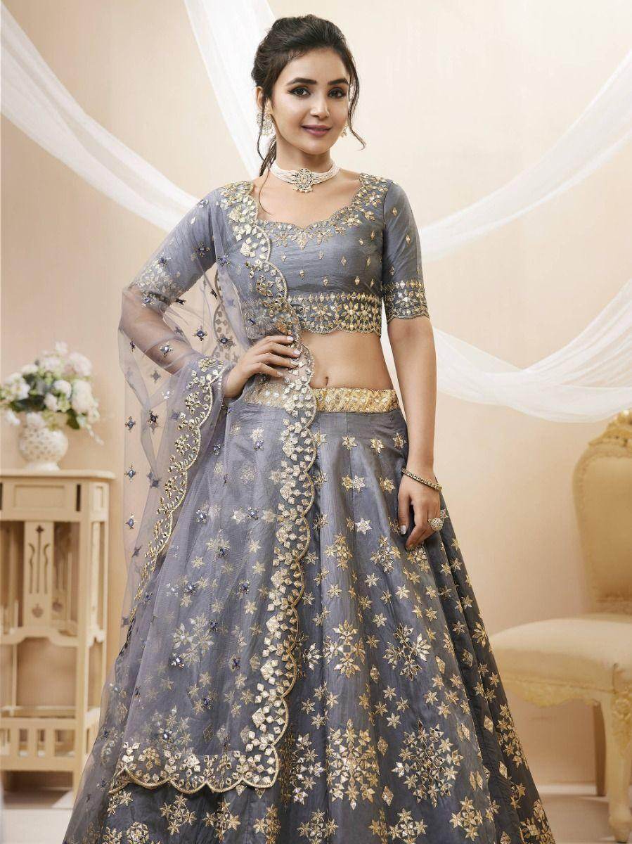 Marvelous Grey Paper Mirror Work Art Silk Reception Wear Lehenga Choli - Zeel Clothing