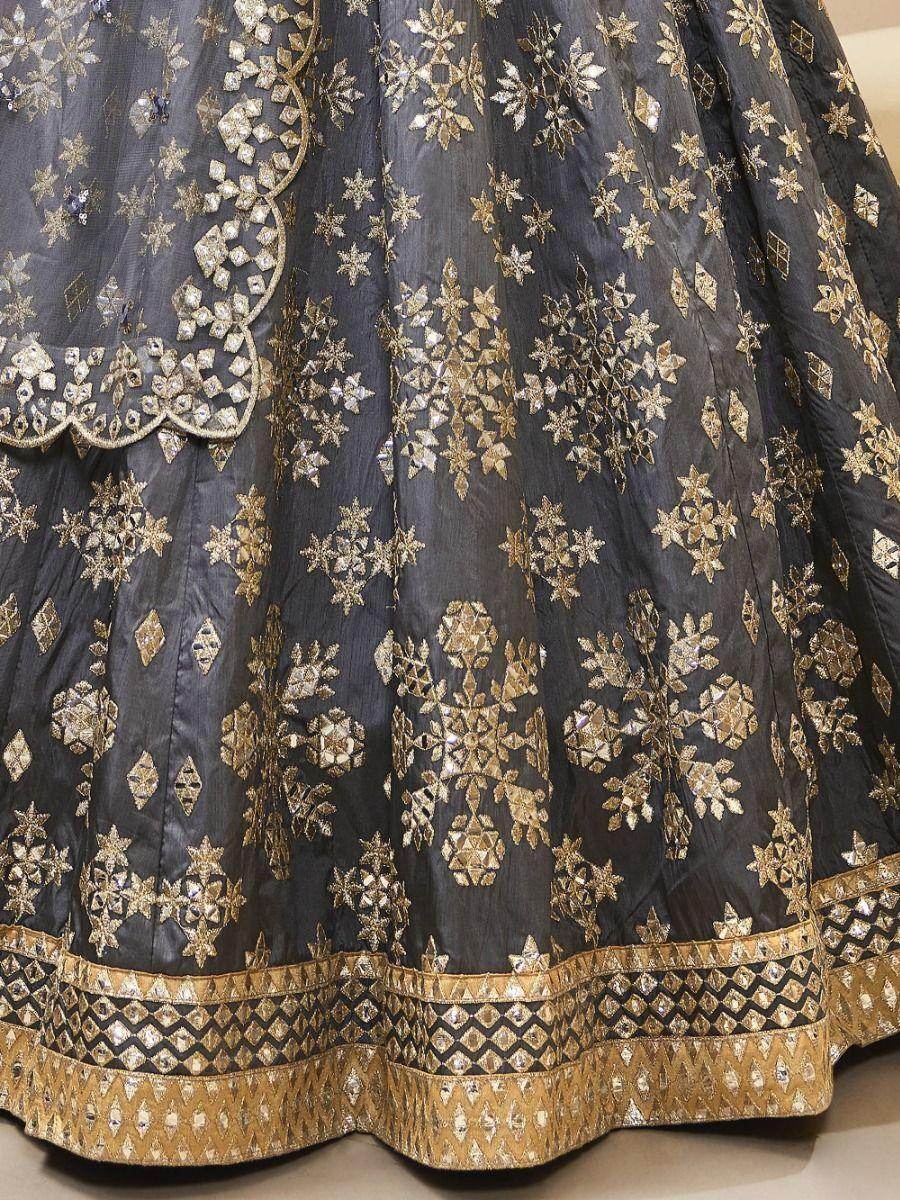 Marvelous Grey Paper Mirror Work Art Silk Reception Wear Lehenga Choli - Zeel Clothing