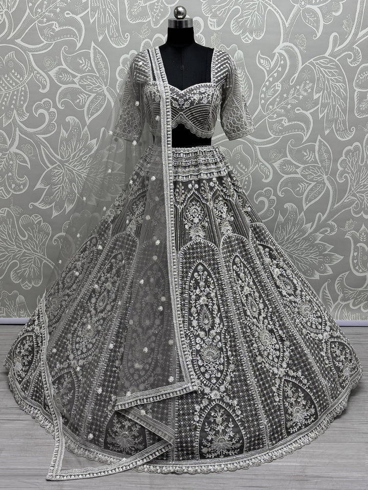 Marvelous Grey Pearl Work Net Bridesmaid Lehenga Choli With Dupatta - Zeel Clothing
