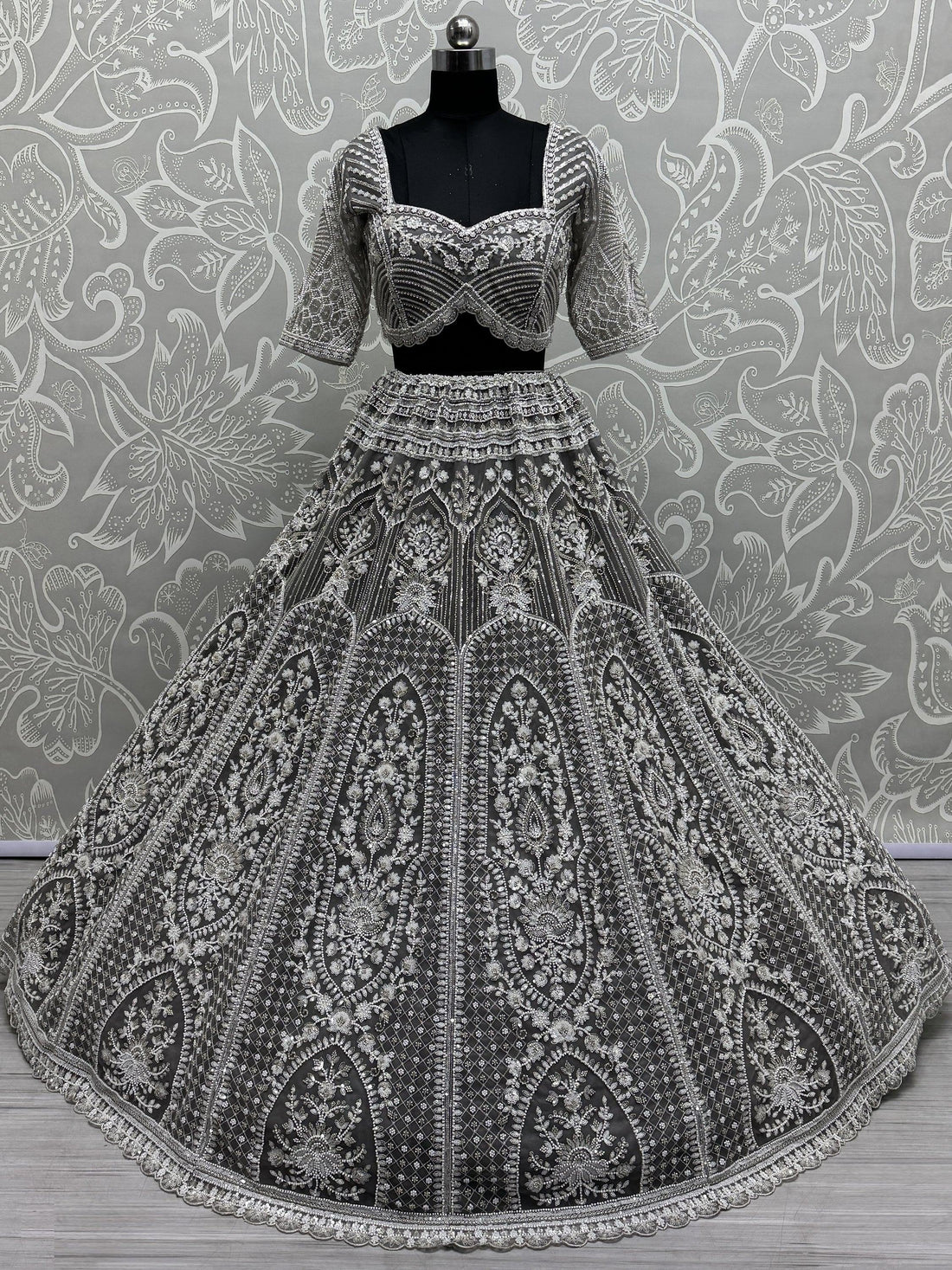 Marvelous Grey Pearl Work Net Bridesmaid Lehenga Choli With Dupatta - Zeel Clothing